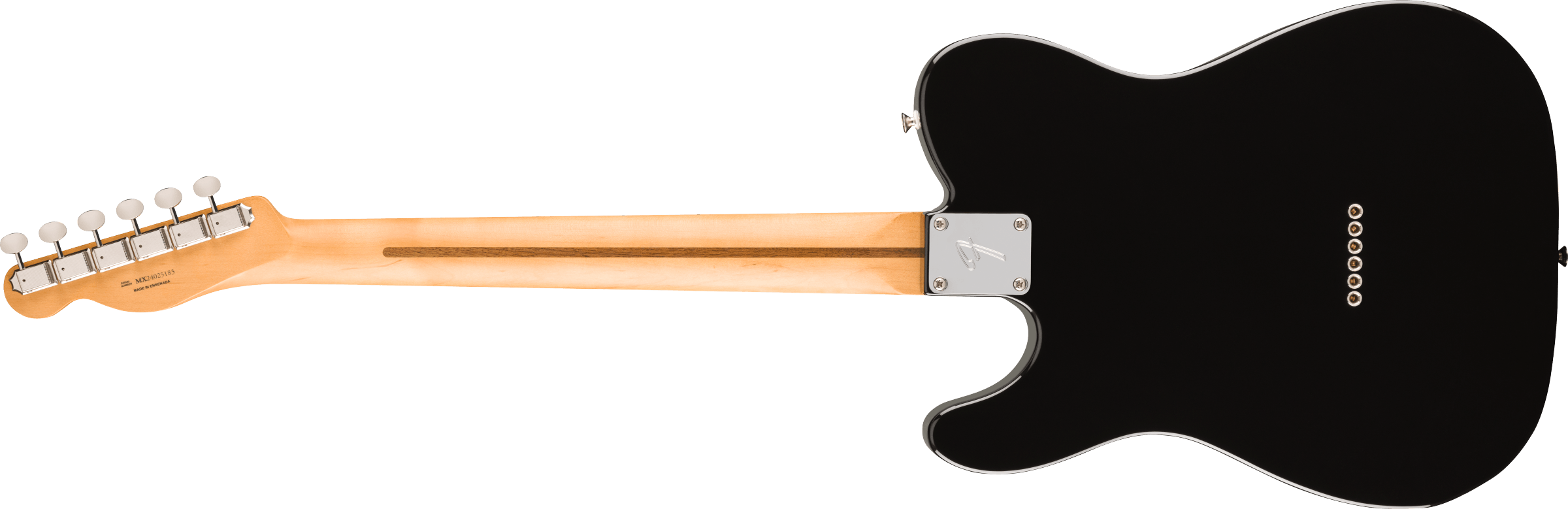 Black electric guitar shown from the back, light wood neck with six tuning pegs and a metal plate where the neck meets the body.
