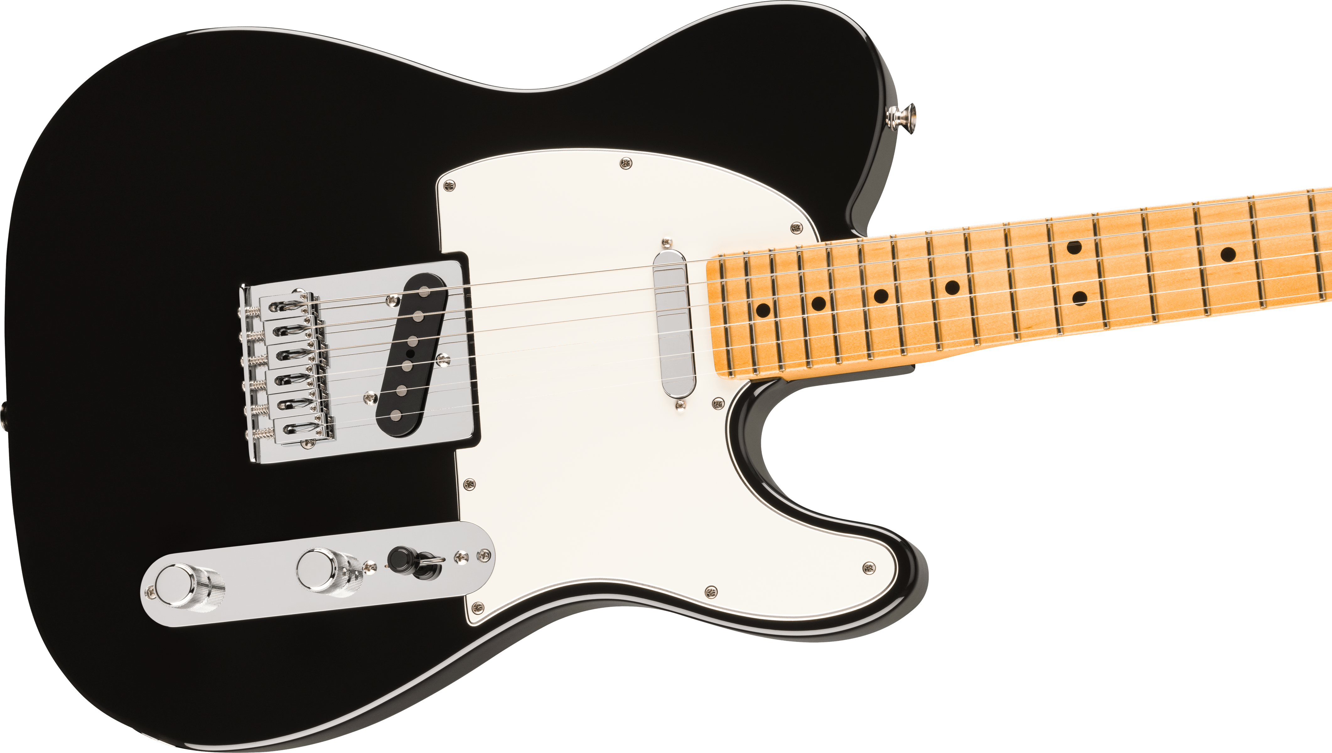 Black electric guitar with a white pickguard, chrome hardware, two pickups, and a light wood neck featuring black dot inlays.
