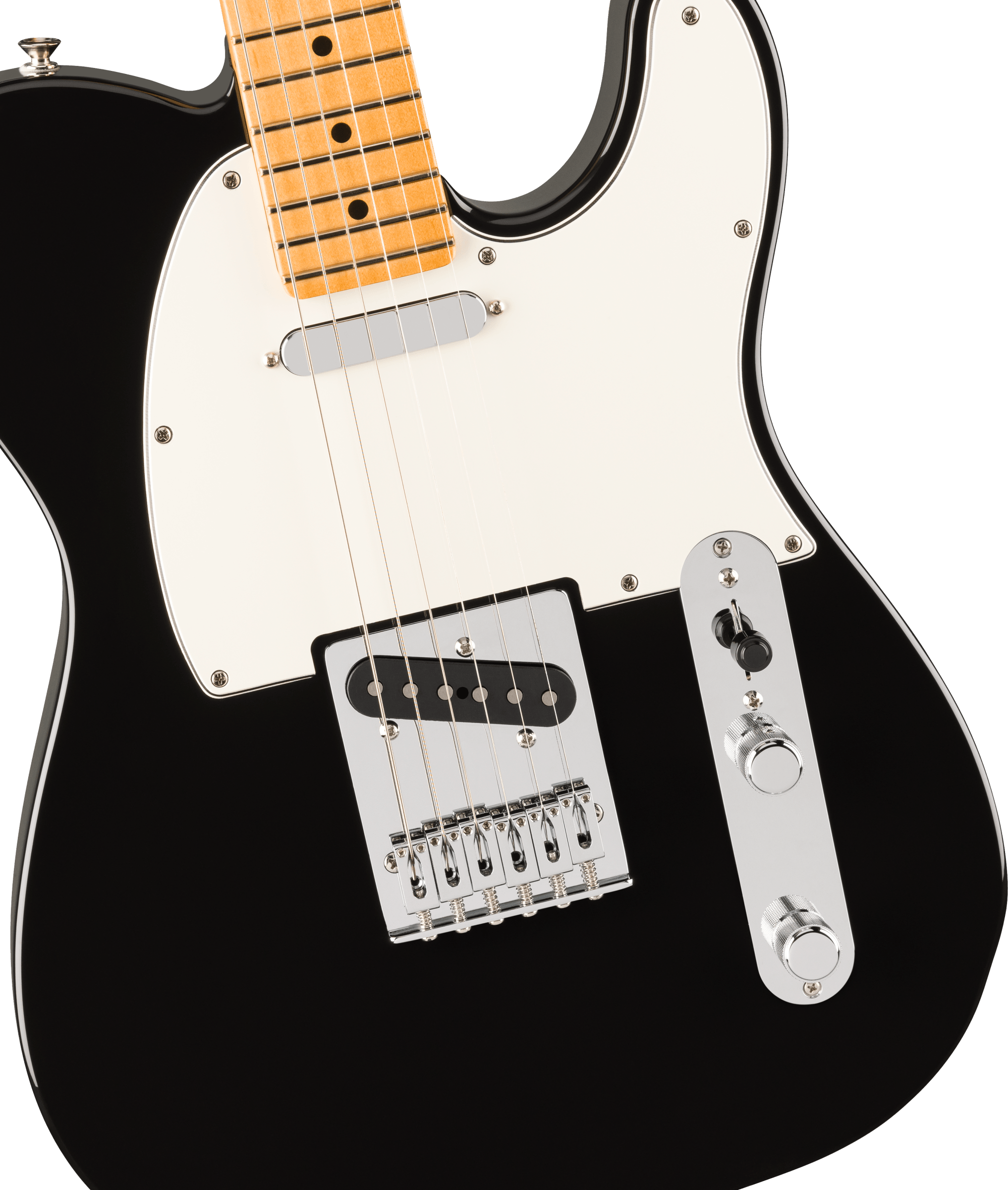 Black electric guitar body with white pickguard, chrome bridge, two single-coil pickups, two control knobs, and a switch. Maple neck visible.