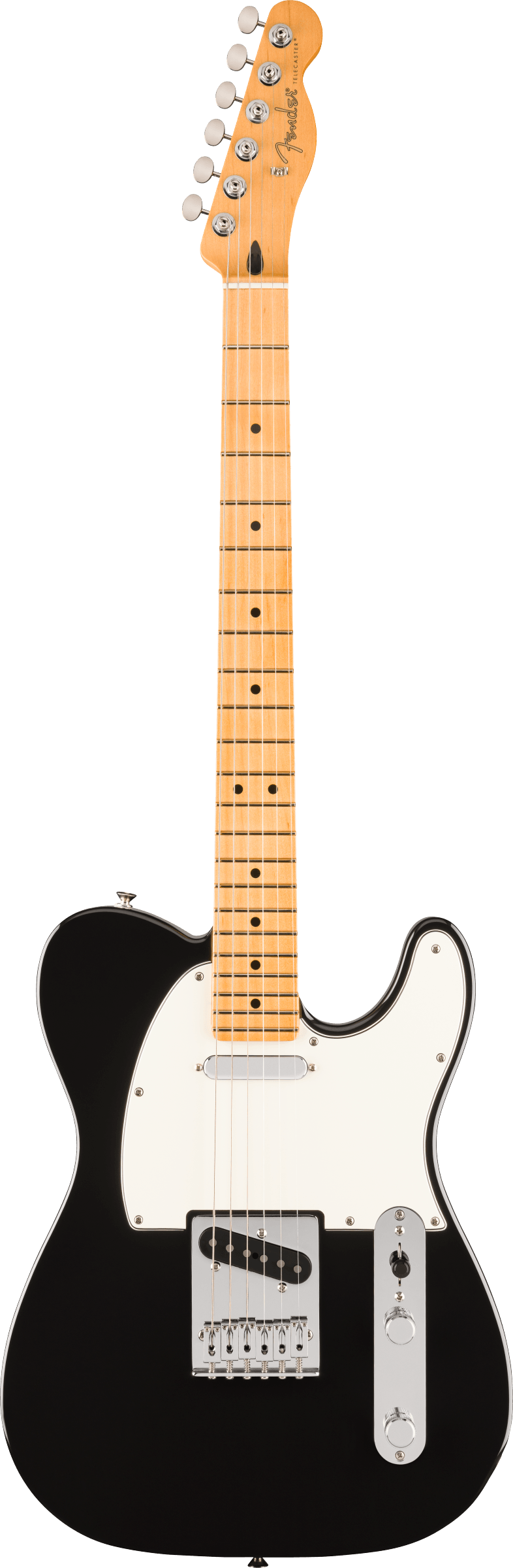 Black-bodied electric guitar with a white pickguard, two single-coil pickups, and a maple neck and fretboard.