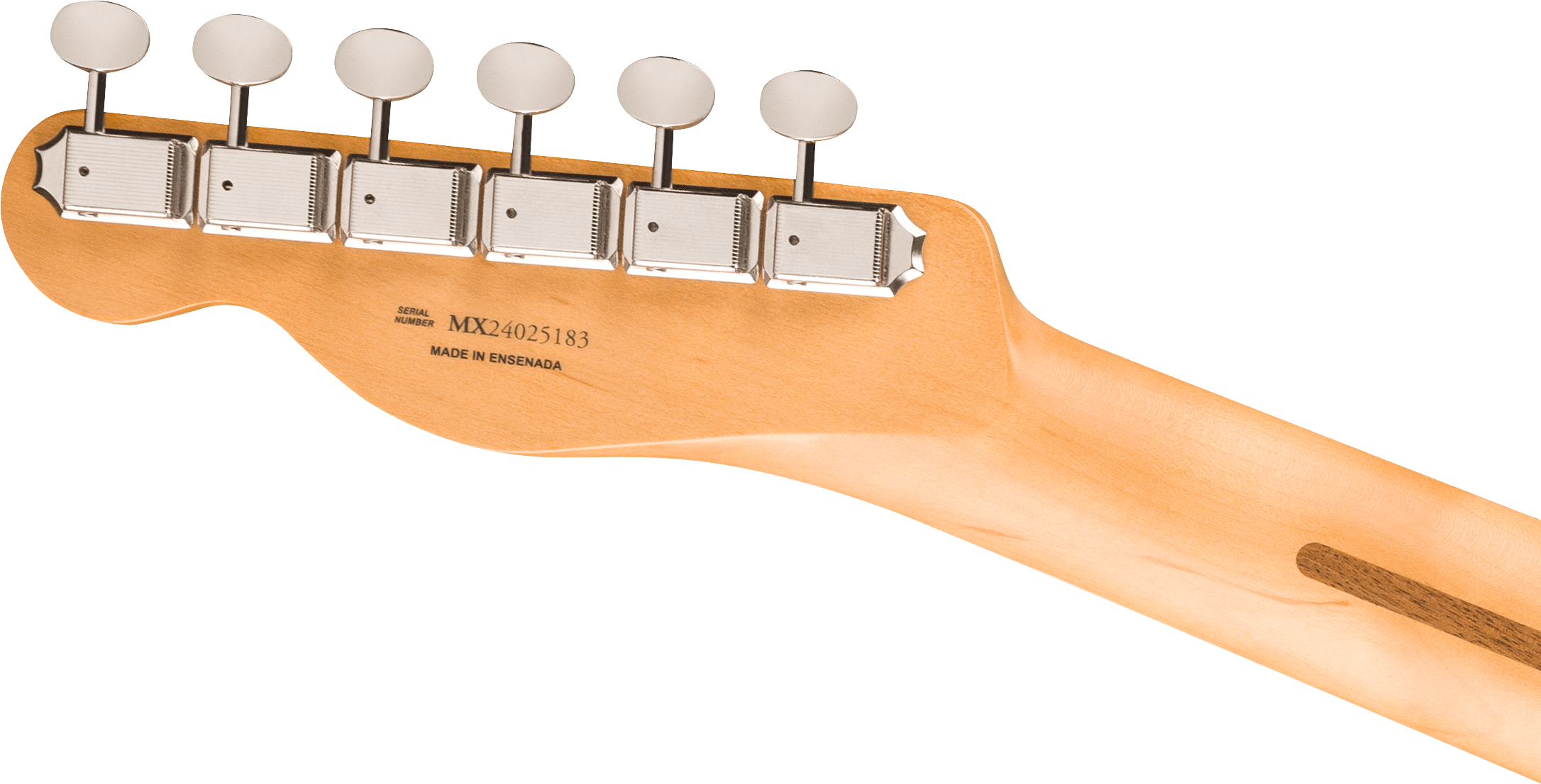 Back of an electric guitar headstock showing six chrome tuning pegs, serial number MX24025183, and “Made in Ensenada” printed on the wood.