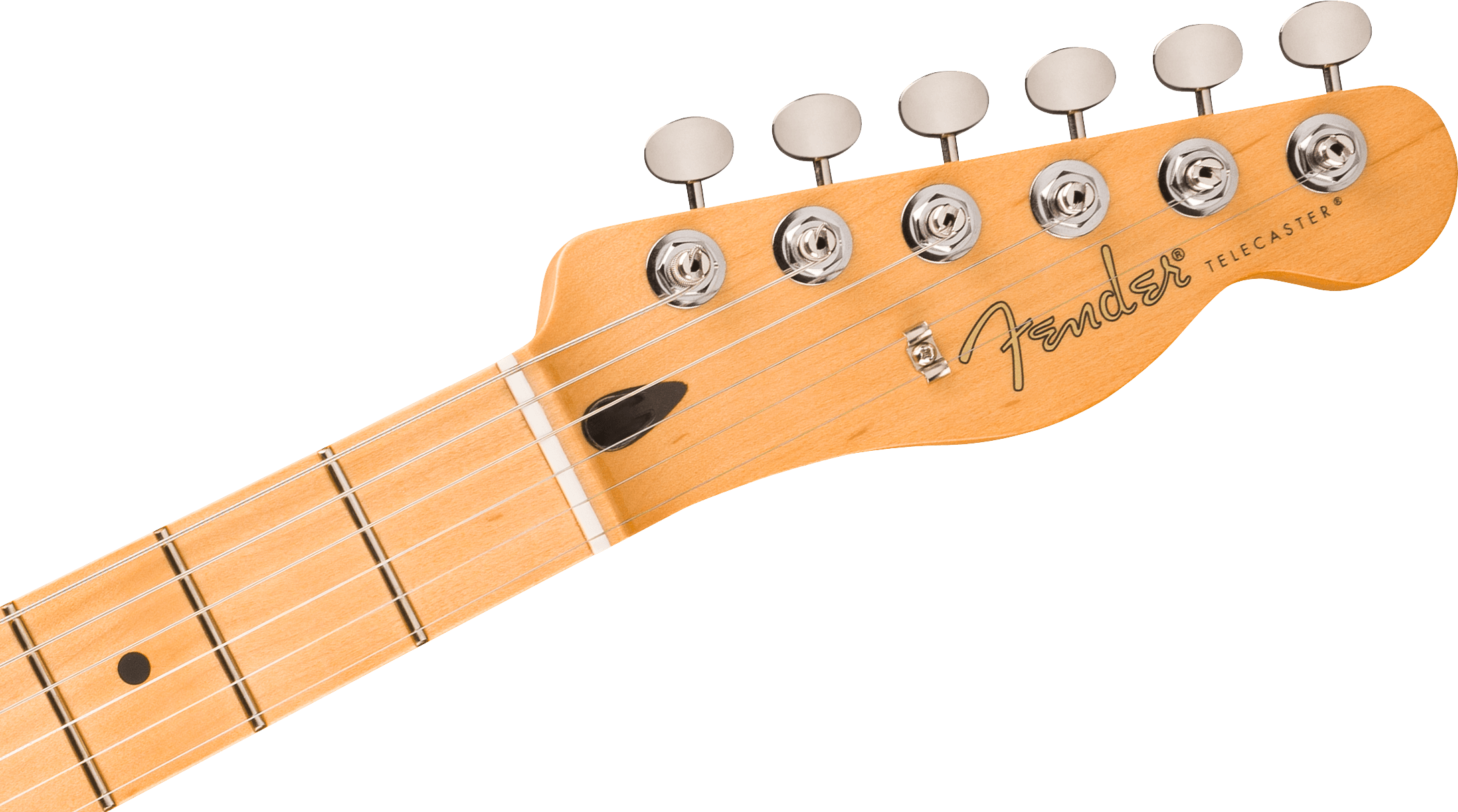 Light wood Fender Telecaster electric guitar headstock with six metal tuning pegs, strings, and black logo on the front.