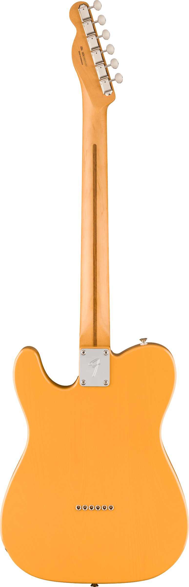 Yellow electric guitar shown from the back, maple neck with six tuning pegs, chrome neck plate with an F, string-through body design.