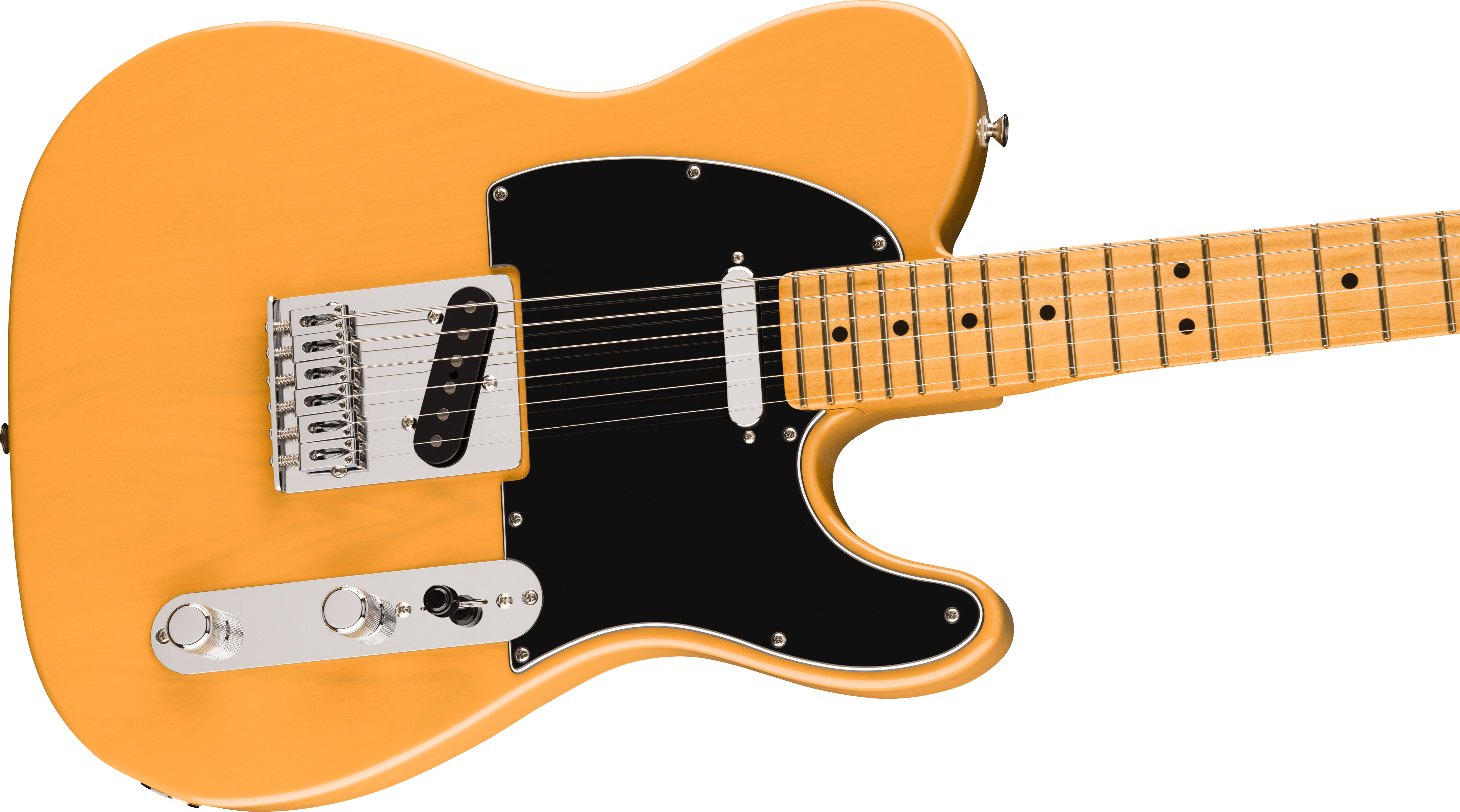 Solid light yellow electric guitar with a black pickguard, chrome hardware, two single-coil pickups, and a maple neck with black dot inlays.