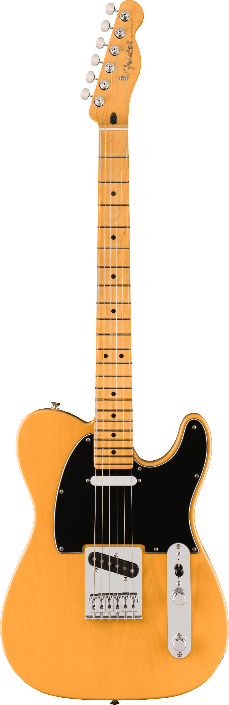 Solid-body electric guitar, light wood finish, black pickguard, two pickups, six tuning pegs, and a control plate with two knobs and a switch.