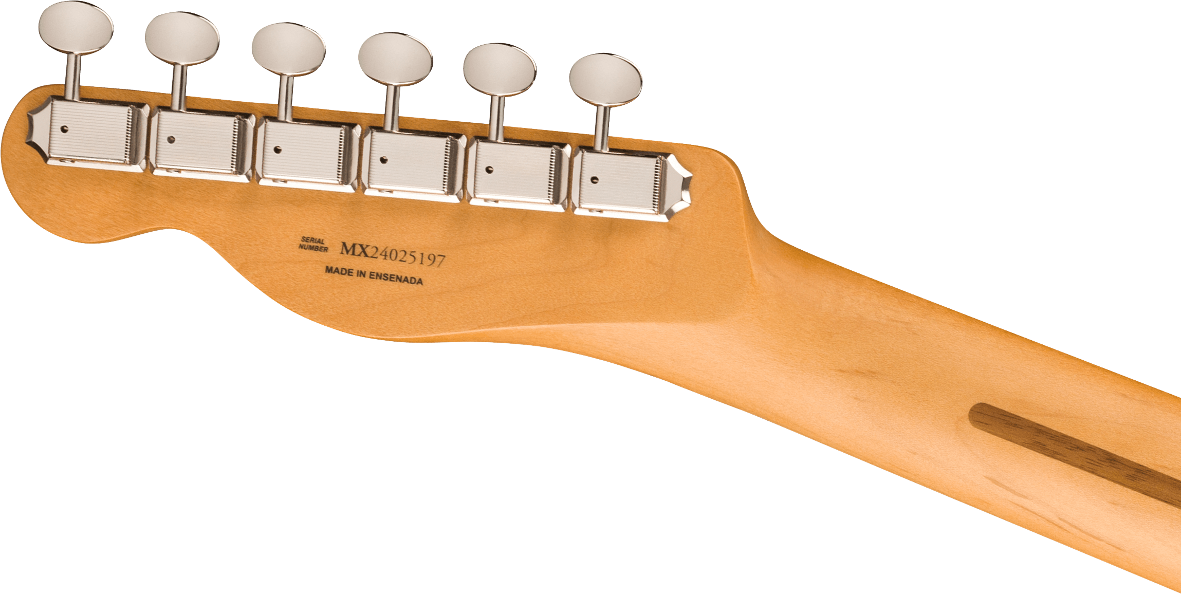 Six chrome tuning pegs on the headstock of a light wood electric guitar; serial number and "Made in Ensenada" text are visible.
