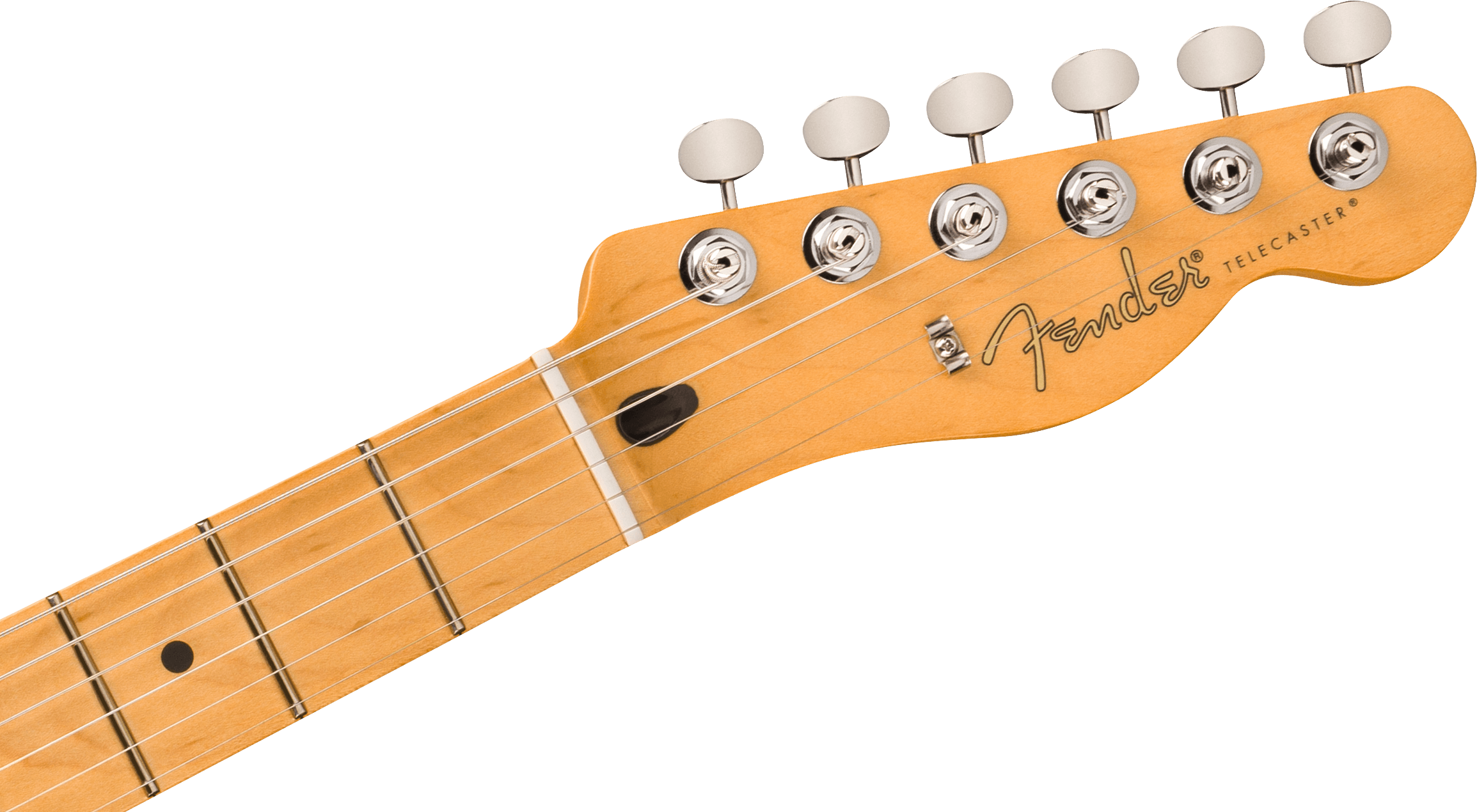 Light wood Fender Telecaster headstock with six chrome tuning pegs, "Fender Telecaster" logo, and part of the maple fretboard with dot inlays.