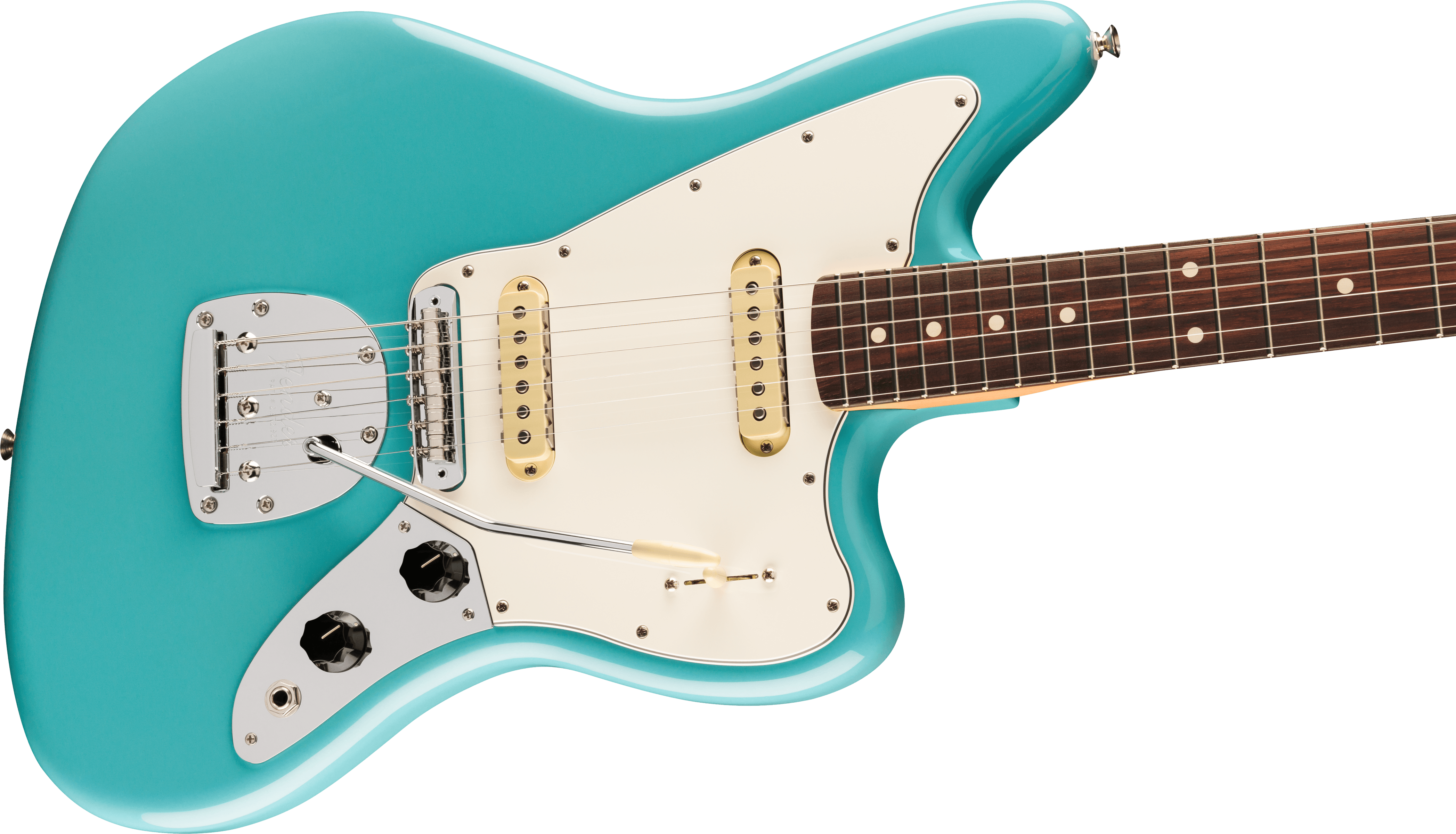 A teal electric guitar with a white pickguard, two cream single-coil pickups, a tremolo bar, and a dark wood fretboard with dot inlays.