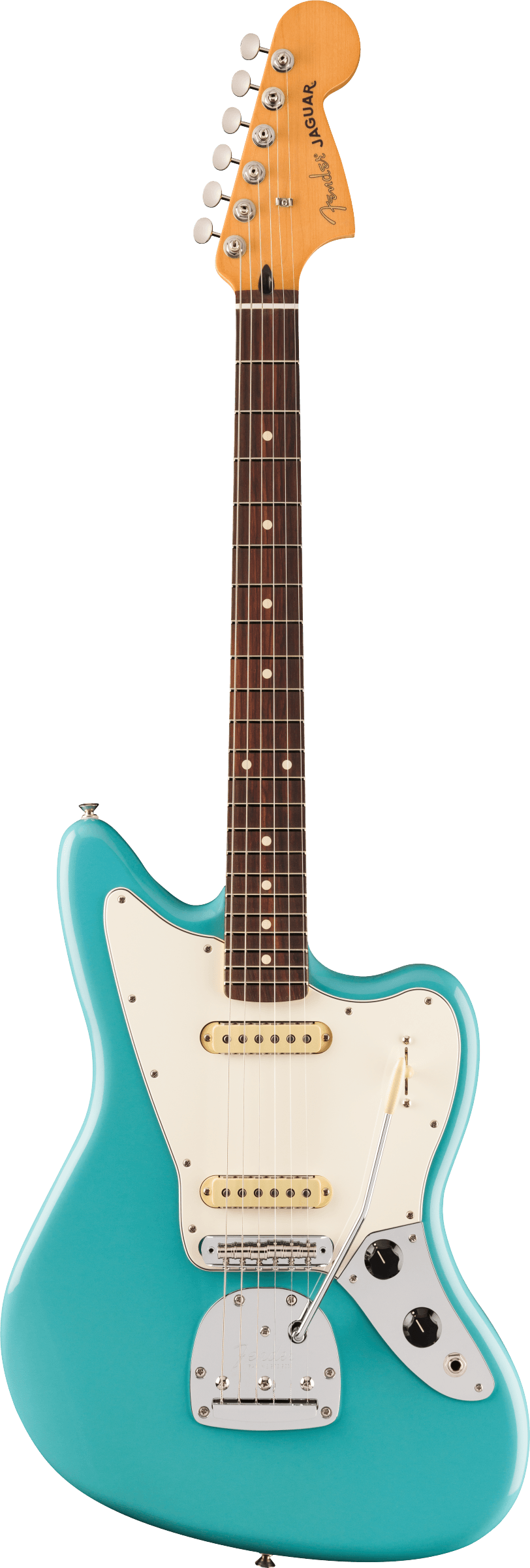 Fender Jaguar electric guitar, seafoam green body, white pickguard, two single-coil pickups, chrome tremolo arm, and rosewood fretboard.