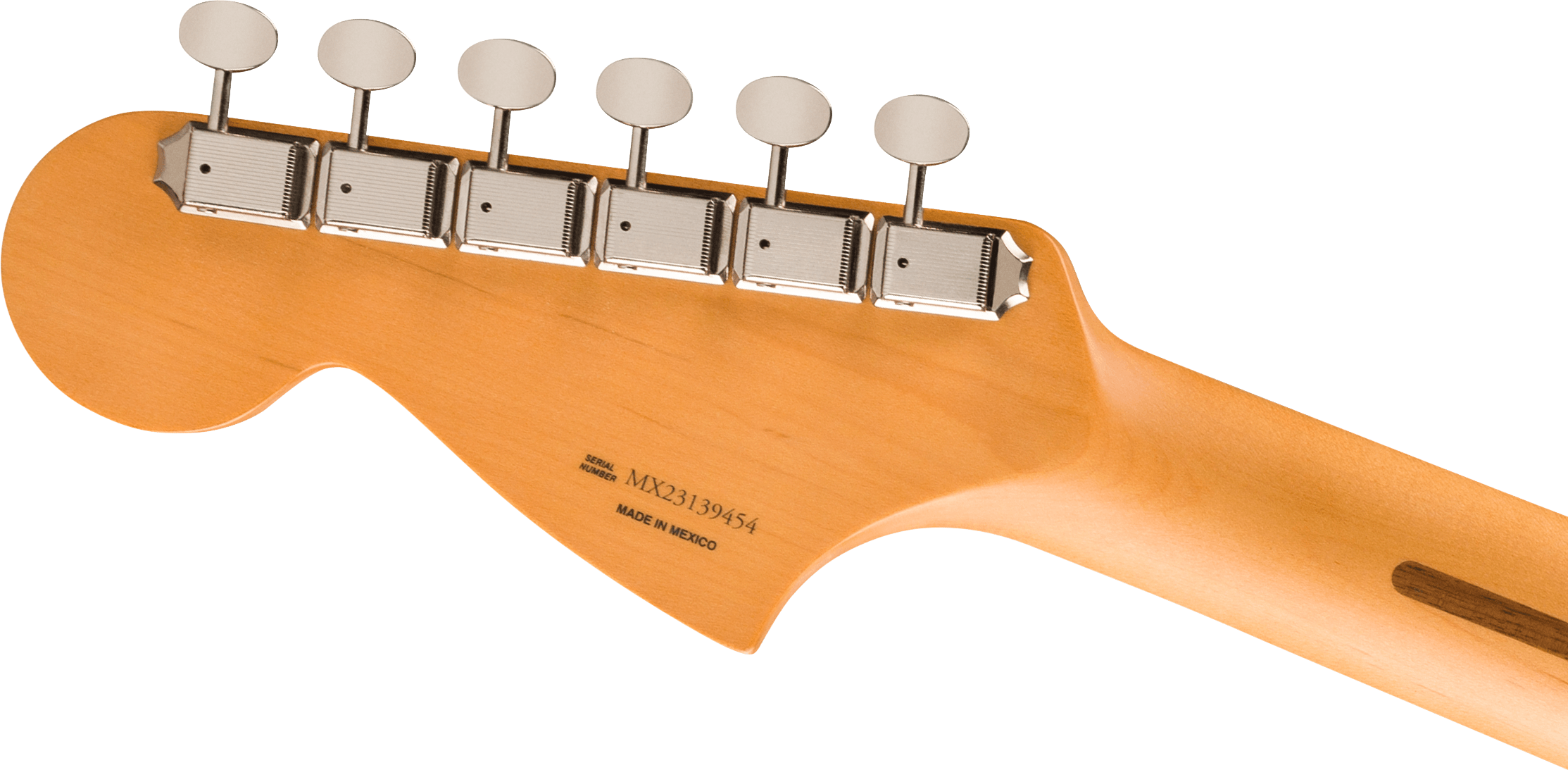 Six chrome tuning pegs line the back of a light wood electric guitar headstock, with "Made in Mexico" and a serial number printed below.
