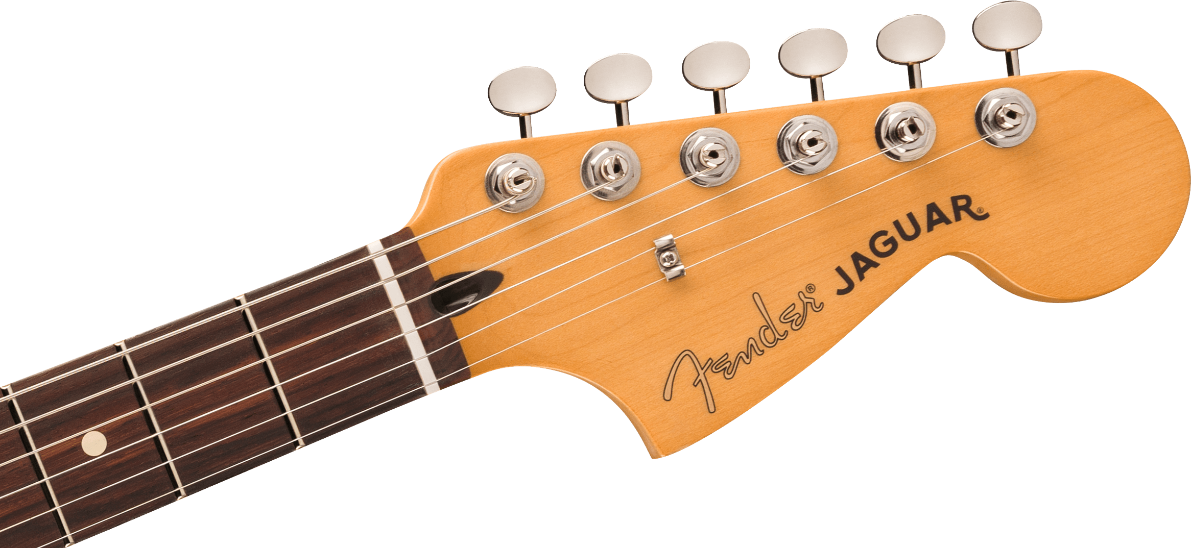 Light wood Fender Jaguar electric guitar headstock with six metal tuning pegs, visible strings, and part of a dark wood fretboard.