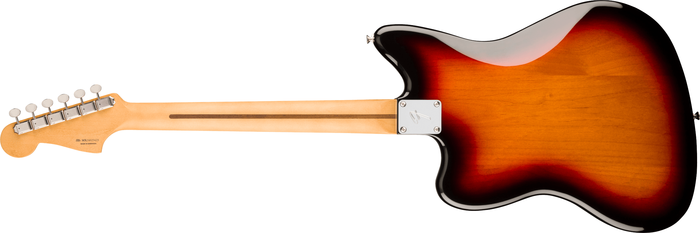 Electric guitar shown from the back, featuring a sunburst finish body, light-colored wood neck, six tuning pegs, and a silver neck plate.