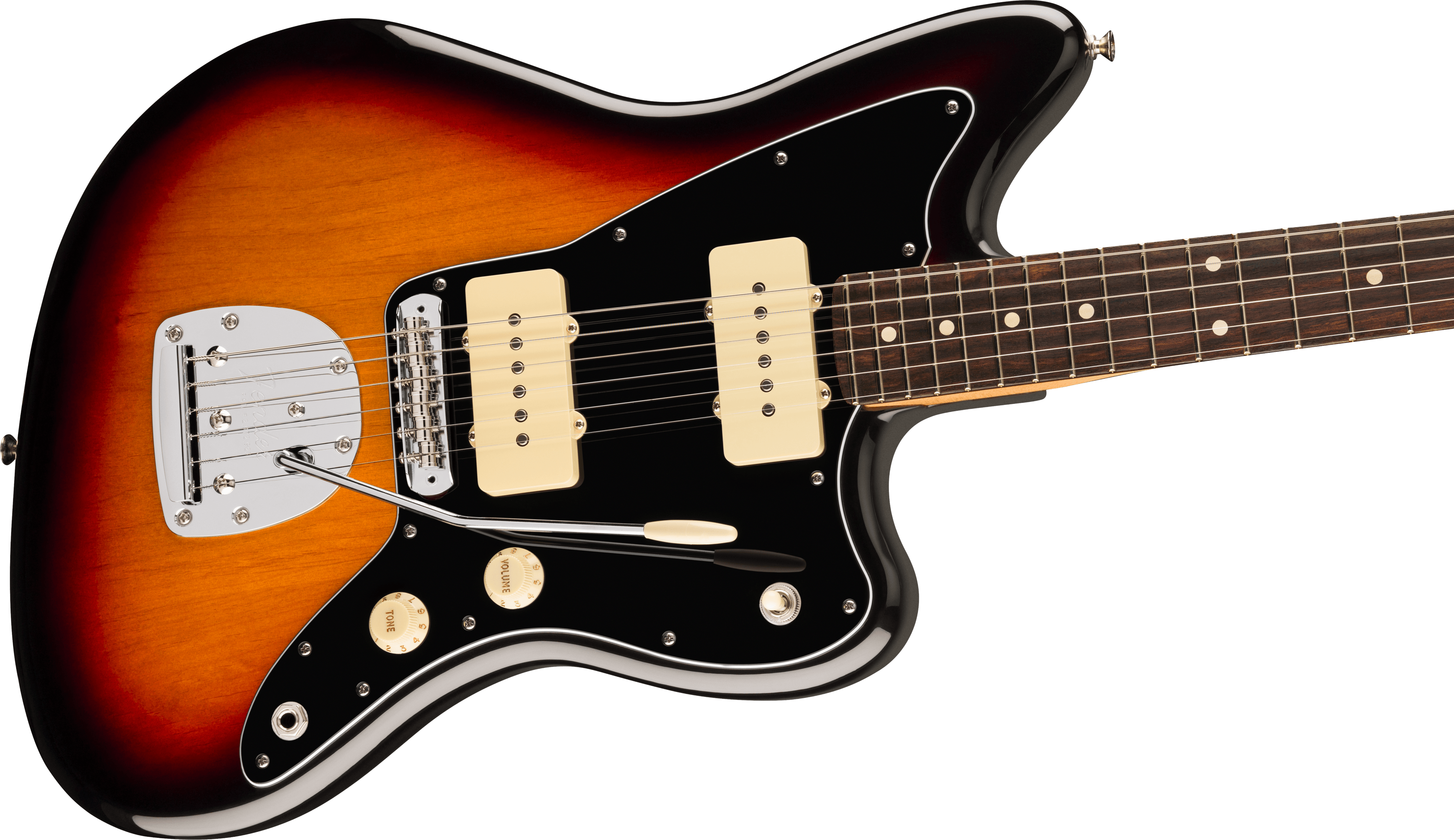 Sunburst electric guitar with a black pickguard, two cream pickups, chrome bridge, and dark wood fretboard with white dot inlays.