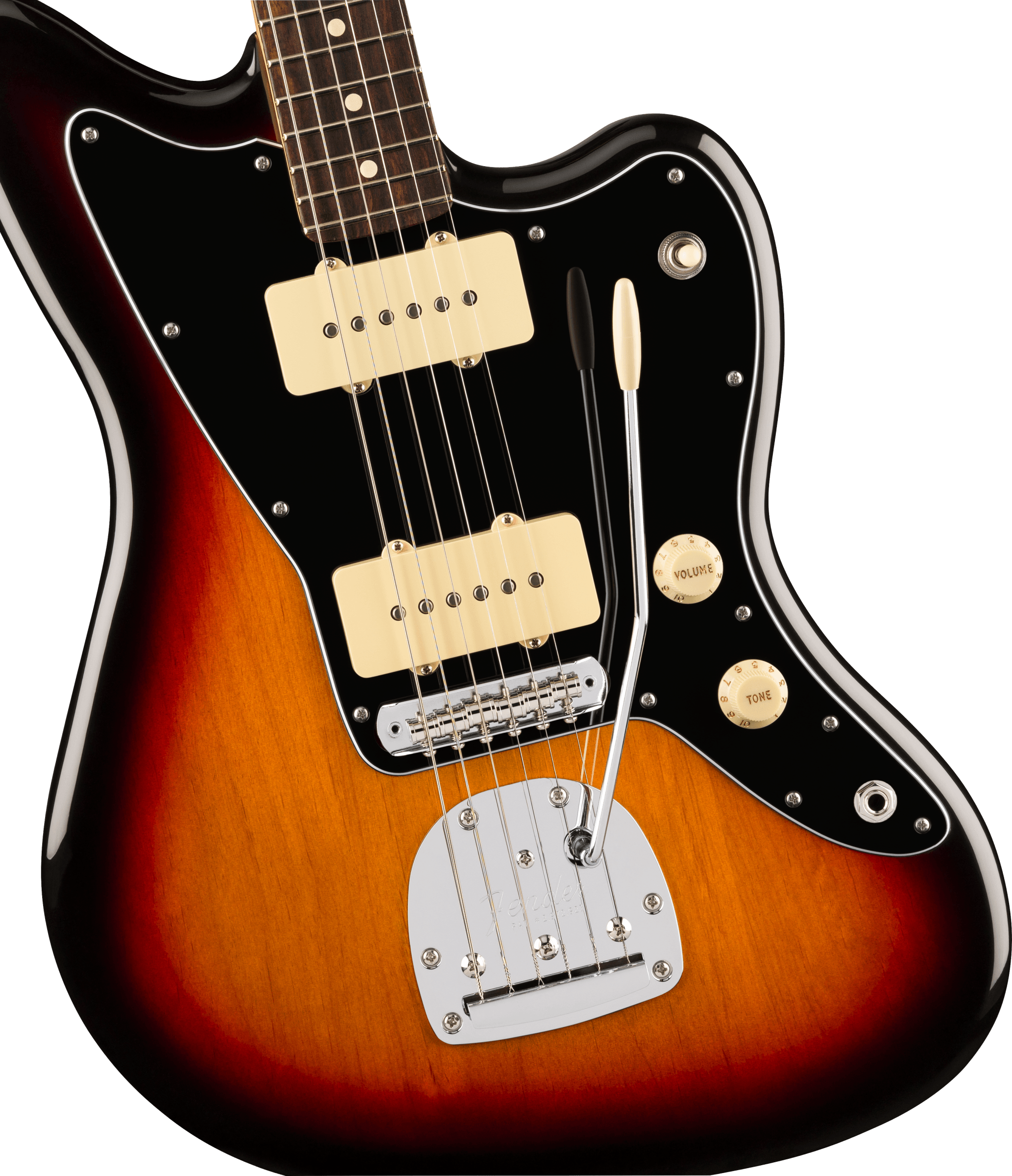 Sunburst electric guitar with black pickguard, two cream pickups, chrome bridge, whammy bar, and cream volume and tone knobs.