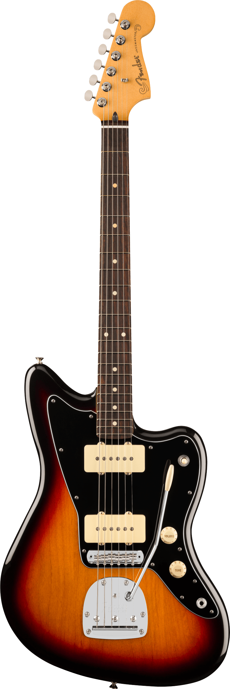 Sunburst Fender electric guitar with black pickguard, two cream pickups, chrome hardware, and a tremolo arm. Six tuning pegs on the headstock.