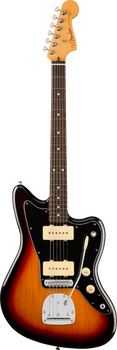 Sunburst Fender electric guitar with black pickguard, two cream pickups, chrome hardware, and a tremolo arm. Six tuning pegs on the headstock.