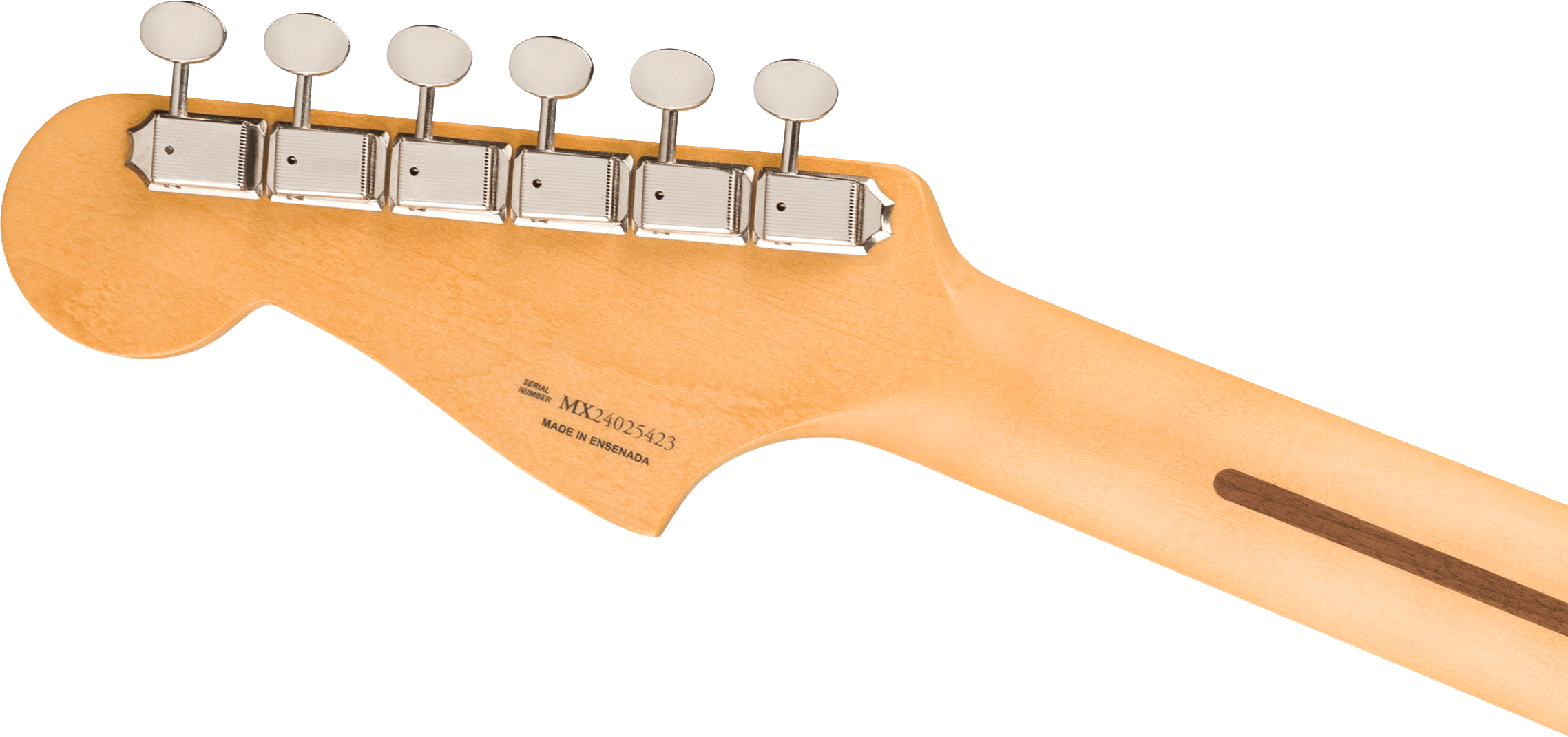 Back of an electric guitar headstock showing six chrome tuning pegs and a serial number with "Made in Ensenada" printed below.