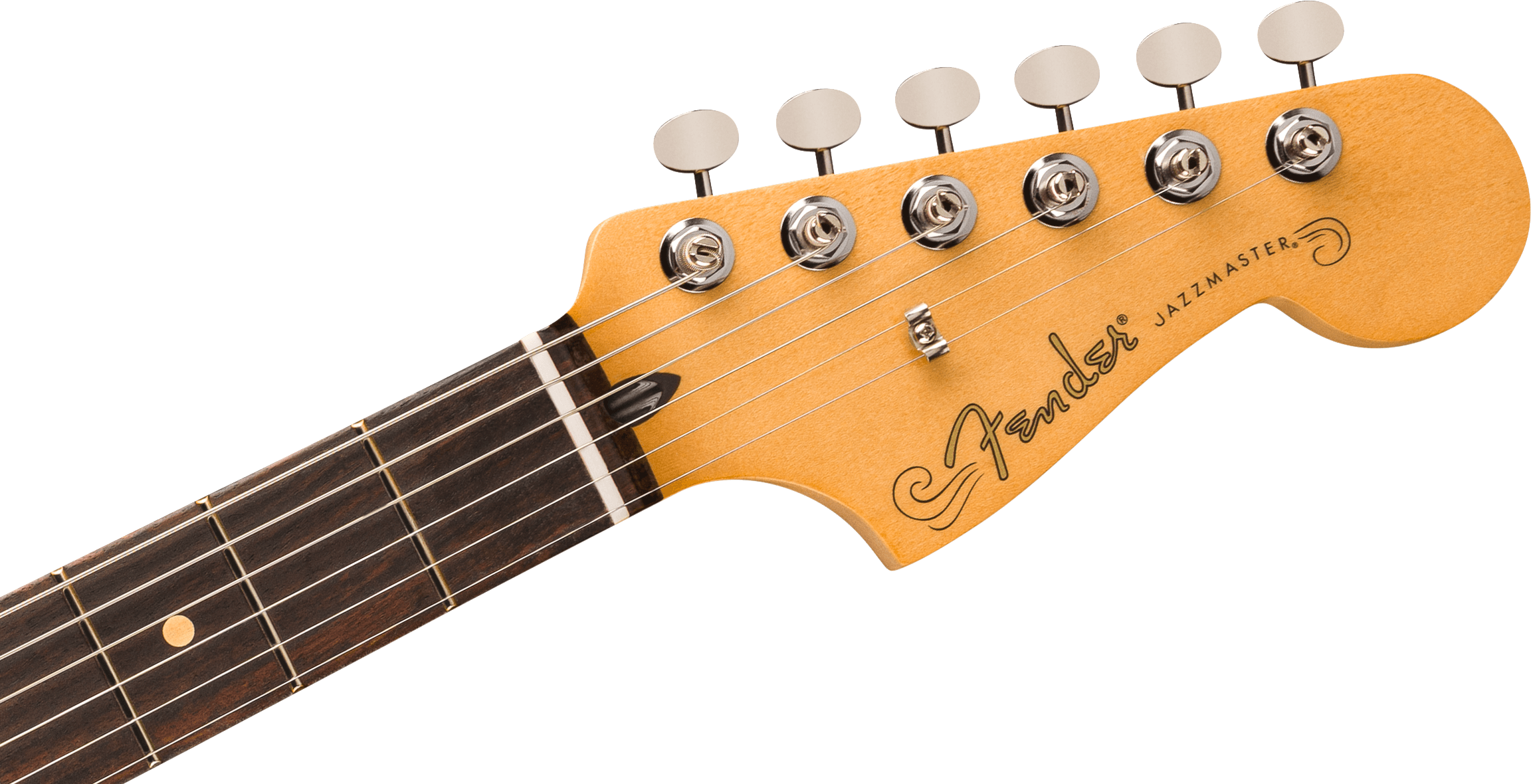 Light wood Fender Jazzmaster electric guitar headstock with six silver tuning pegs, black logo, and part of a dark fretboard with dot inlays.