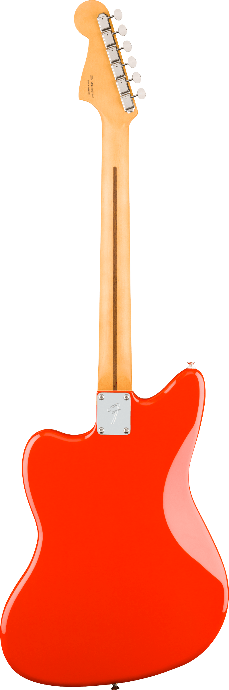 Electric guitar with a bright red back, light wood neck, and silver tuning pegs, shown from the rear with a contoured body and metal neck plate.