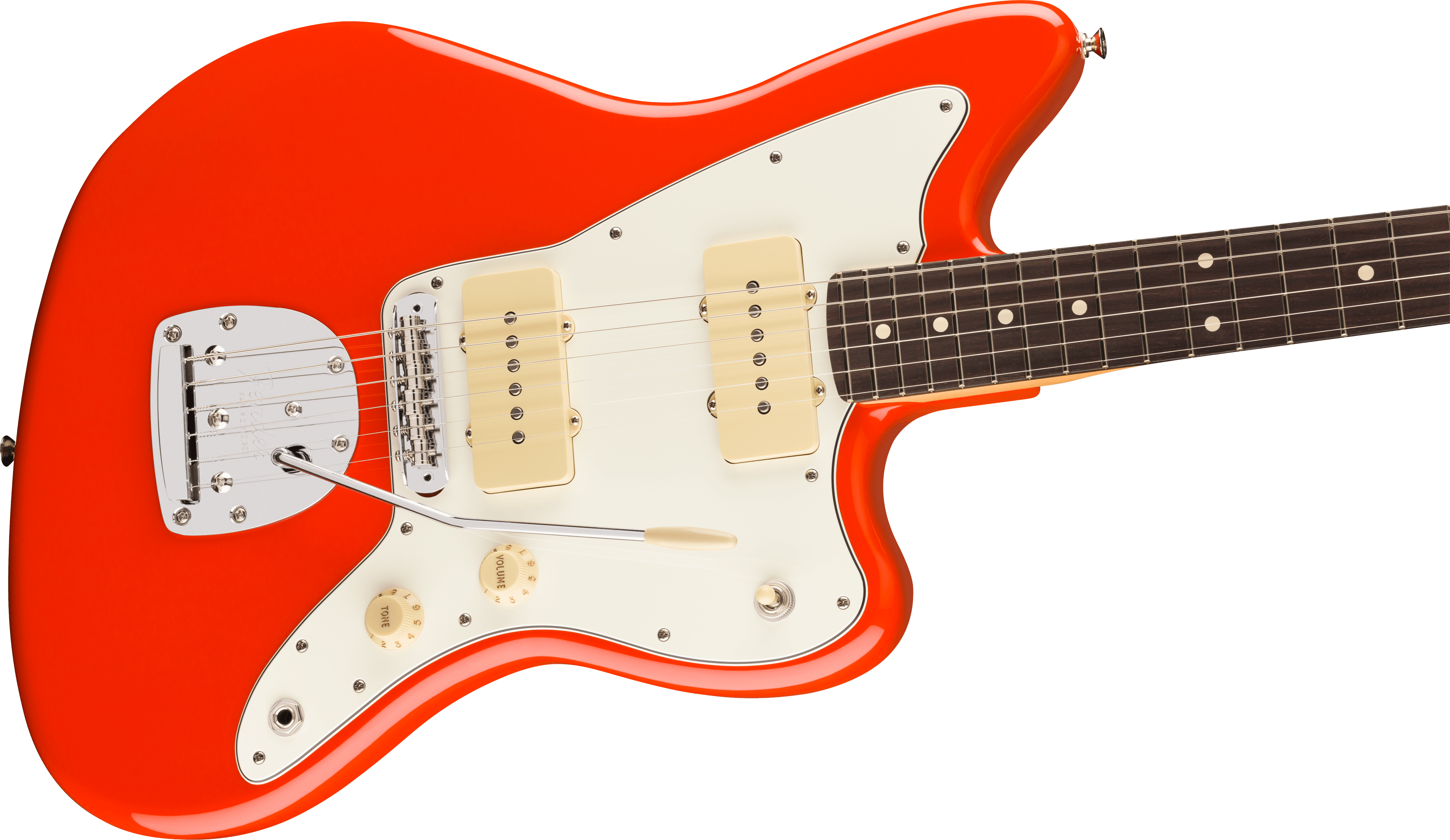 Electric guitar with a bright orange body, white pickguard, two cream pickups, chrome bridge, and a dark fretboard with dot inlays.