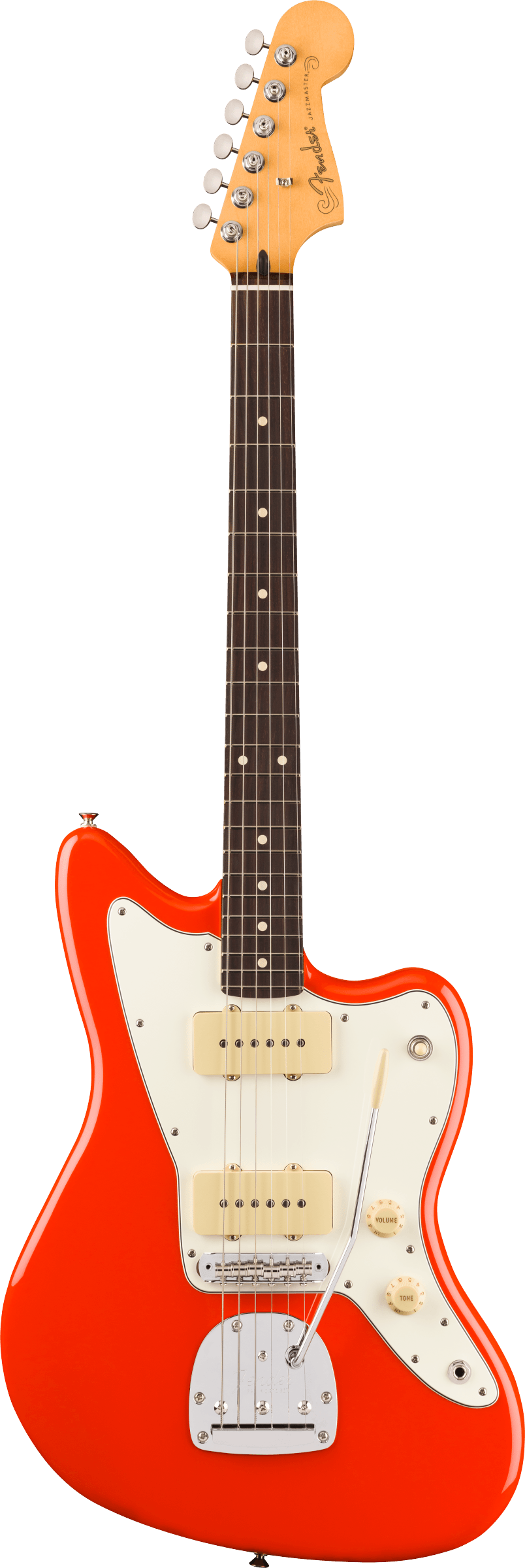 Bright red Fender electric guitar with a white pickguard, two cream pickups, six strings, and chrome hardware.