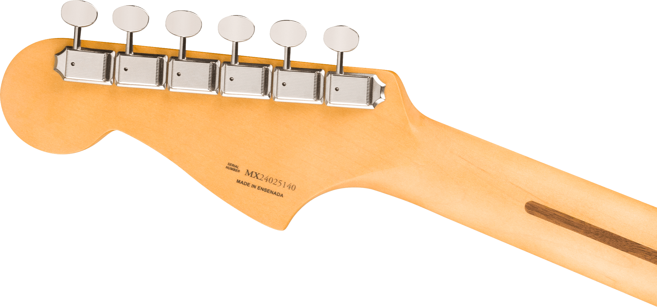 Back of an electric guitar headstock with six chrome tuning pegs and serial number MX24025140, made in Ensenada.