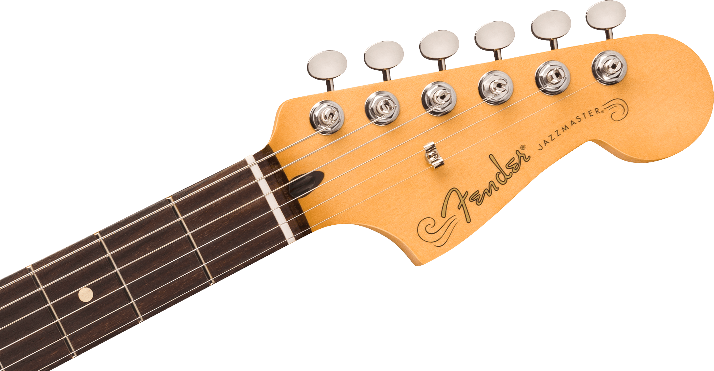 The headstock and part of the neck of a Fender Jazzmaster electric guitar, featuring six tuning pegs and dark wood fretboard.