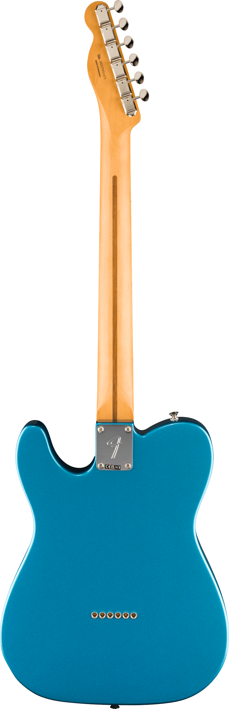 Electric guitar with a natural wood neck and a bright blue solid body, viewed from the back, featuring six tuning pegs and six string ferrules.