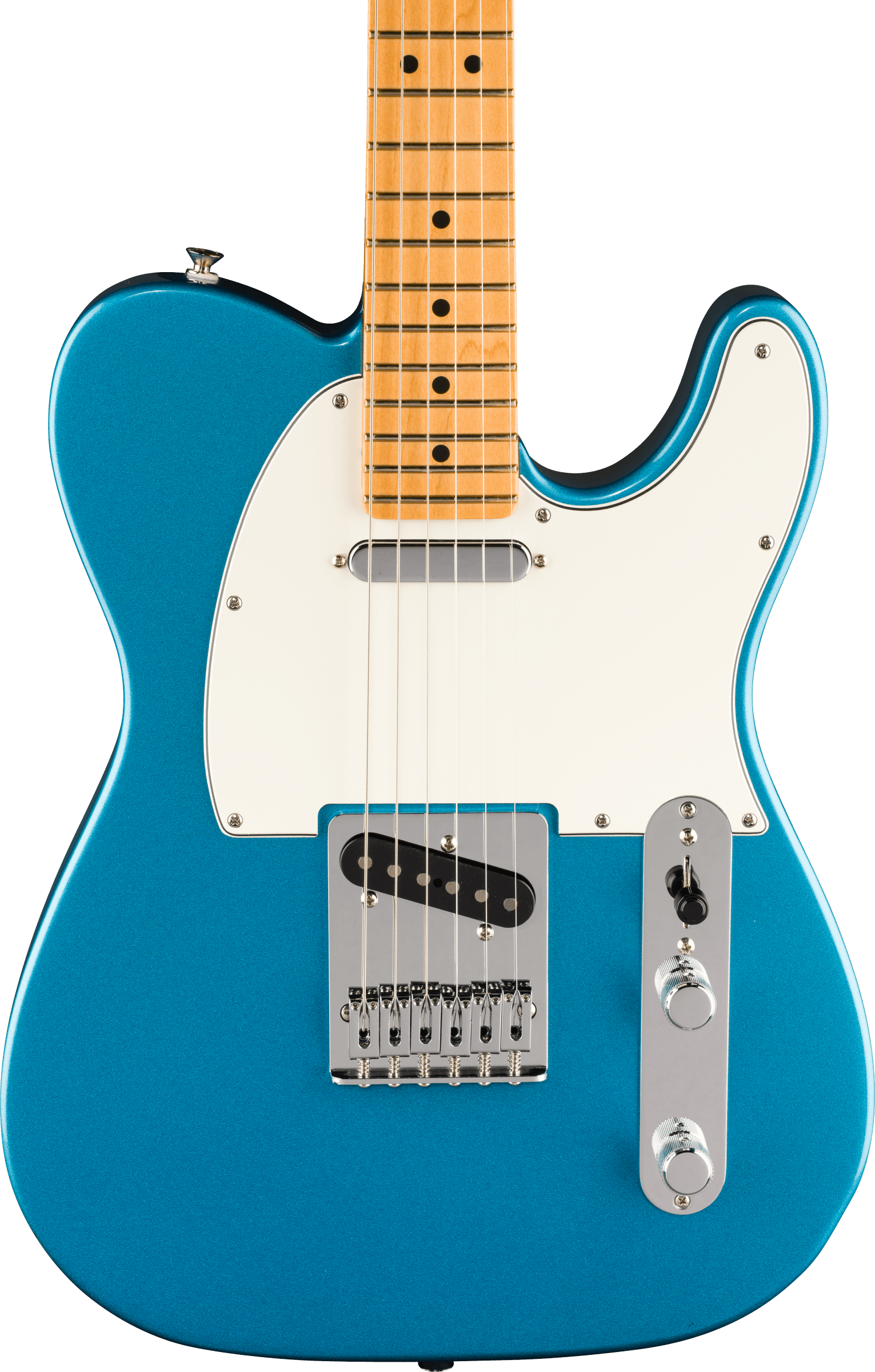 Blue electric guitar with a white pickguard, two pickups, a maple neck, six strings, and chrome control knobs on a metal plate.