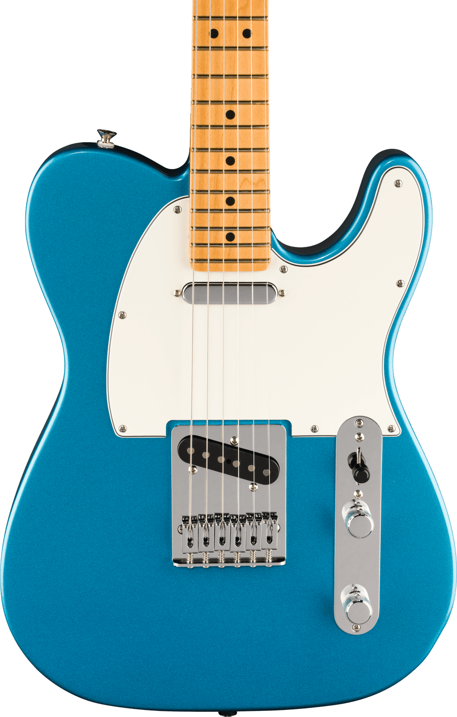 Blue electric guitar with a white pickguard, two pickups, a maple neck, six strings, and chrome control knobs on a metal plate.