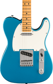 Blue electric guitar with a white pickguard, two pickups, a maple neck, six strings, and chrome control knobs on a metal plate.