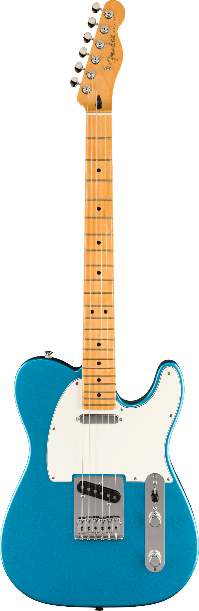 Fender electric guitar, bright blue body, white pickguard, maple neck and fretboard, two pickups, six tuning pegs, chrome control plate.