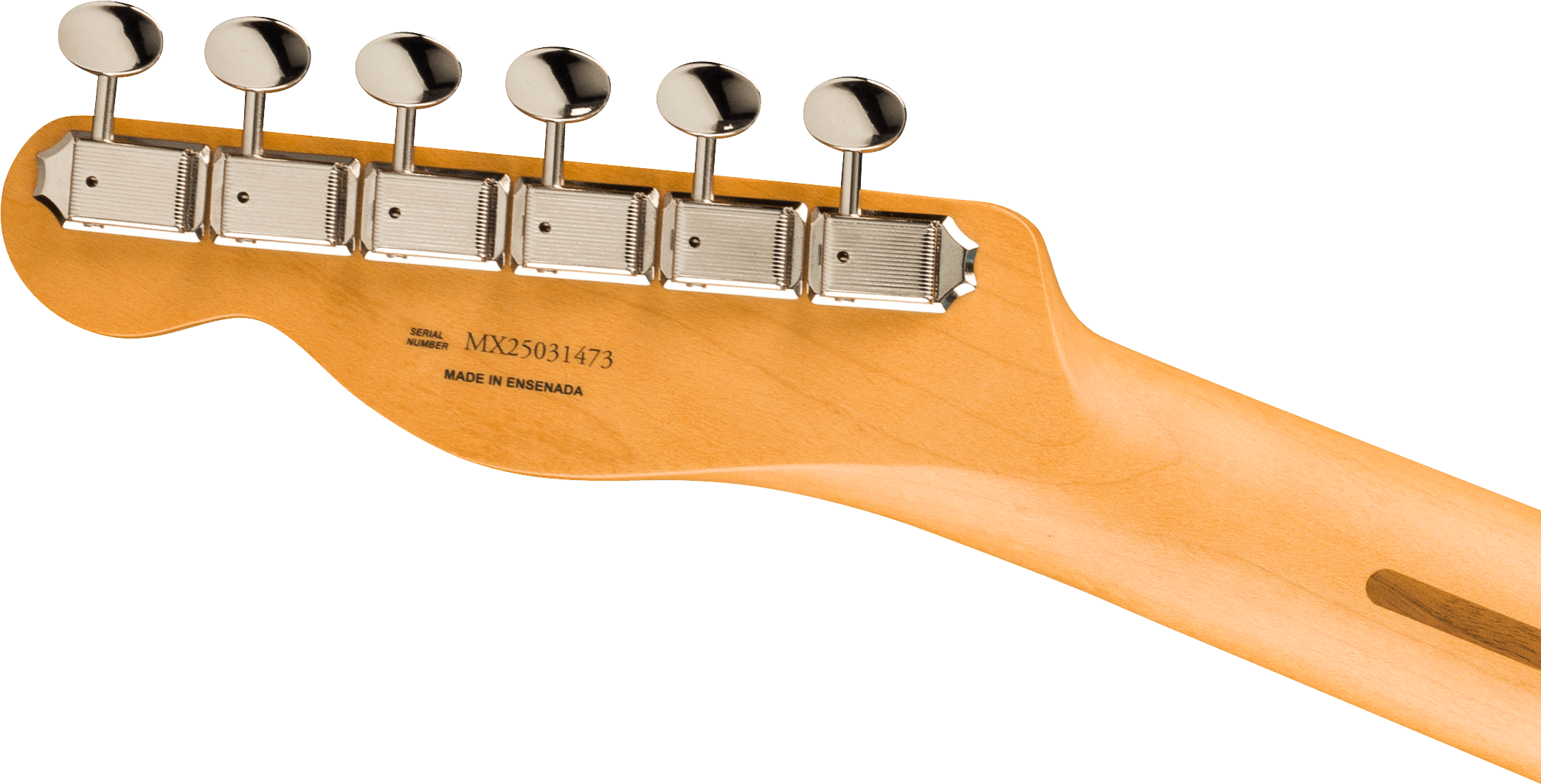 Six metal tuning pegs line the back of a light-colored electric guitar headstock with the words "Made in Ensenada" and a serial number printed.