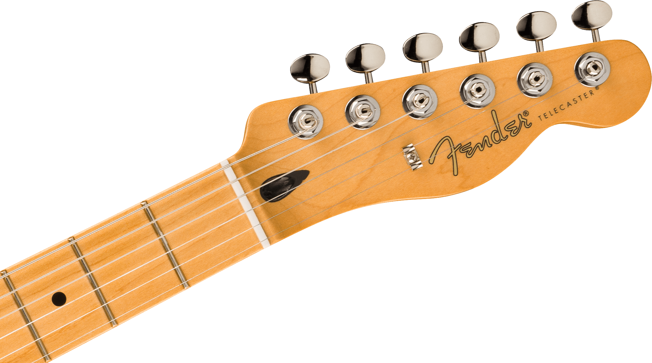 Six metal tuning pegs on a light wood Fender Telecaster electric guitar headstock, black logo and strings visible across the headstock and neck.