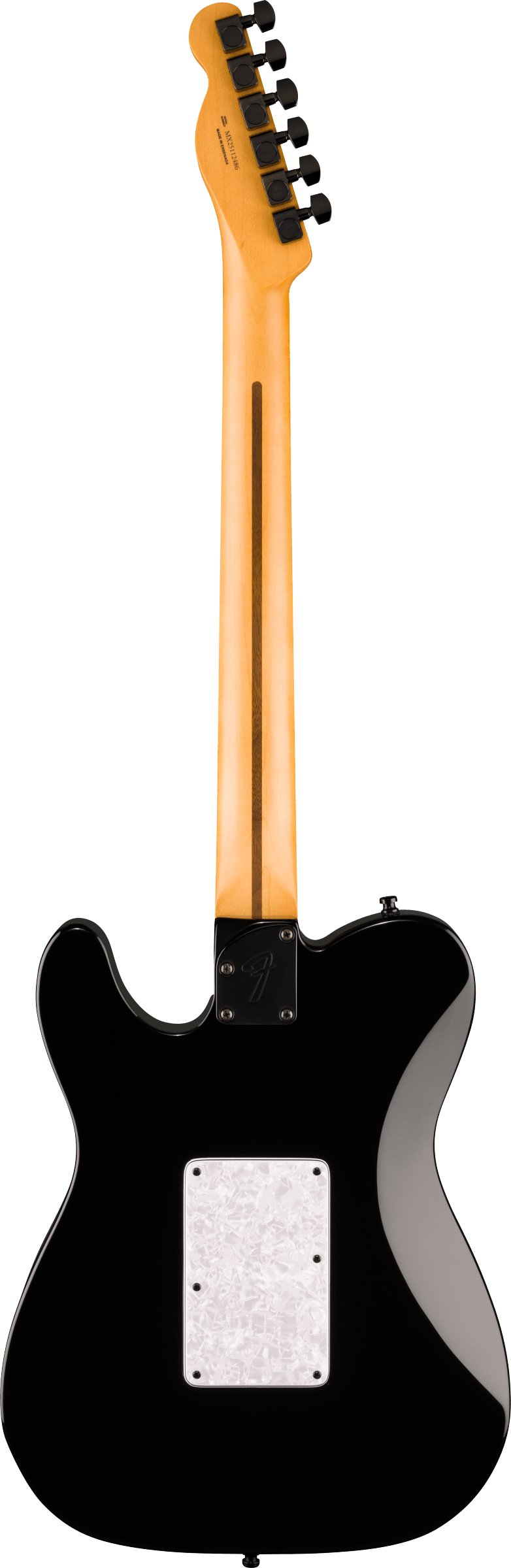 Guitare électrique noire vue de dos, manche bois clair, plaque rectangulaire blanche en nacre fixée sur le corps.