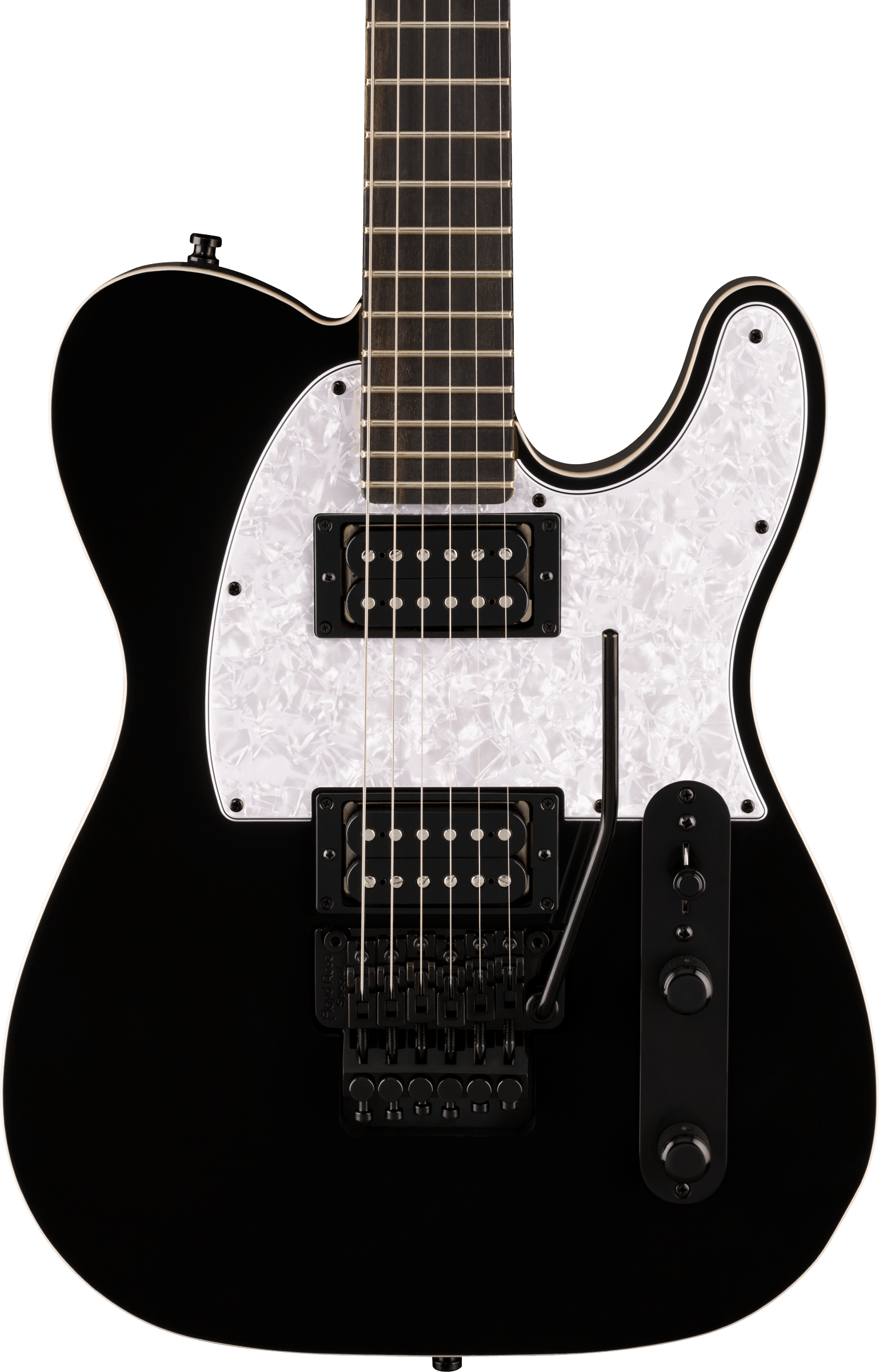 Guitare électrique noire à corps anguleux, deux micros doubles noirs, pickguard blanc nacré et vibrato de type Floyd Rose noir.