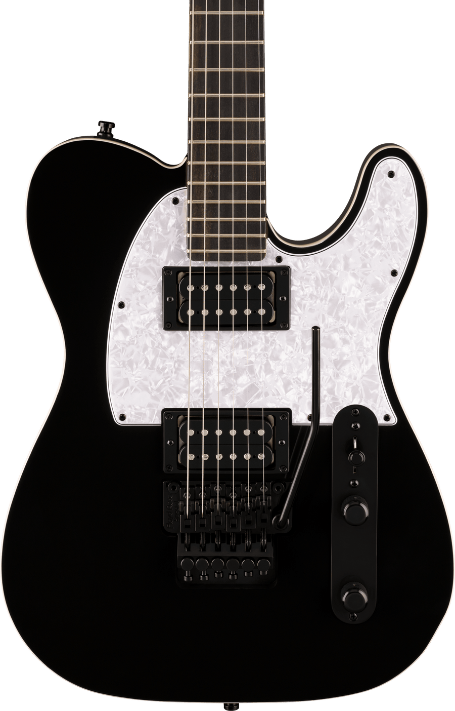 Guitare électrique noire à corps anguleux, deux micros doubles noirs, pickguard blanc nacré et vibrato de type Floyd Rose noir.