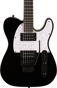 Black electric guitar with white pearloid pickguard, two humbucker pickups, black controls, and a Floyd Rose tremolo bridge system.
