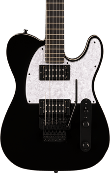 Guitare électrique noire à corps anguleux, deux micros doubles noirs, pickguard blanc nacré et vibrato de type Floyd Rose noir.