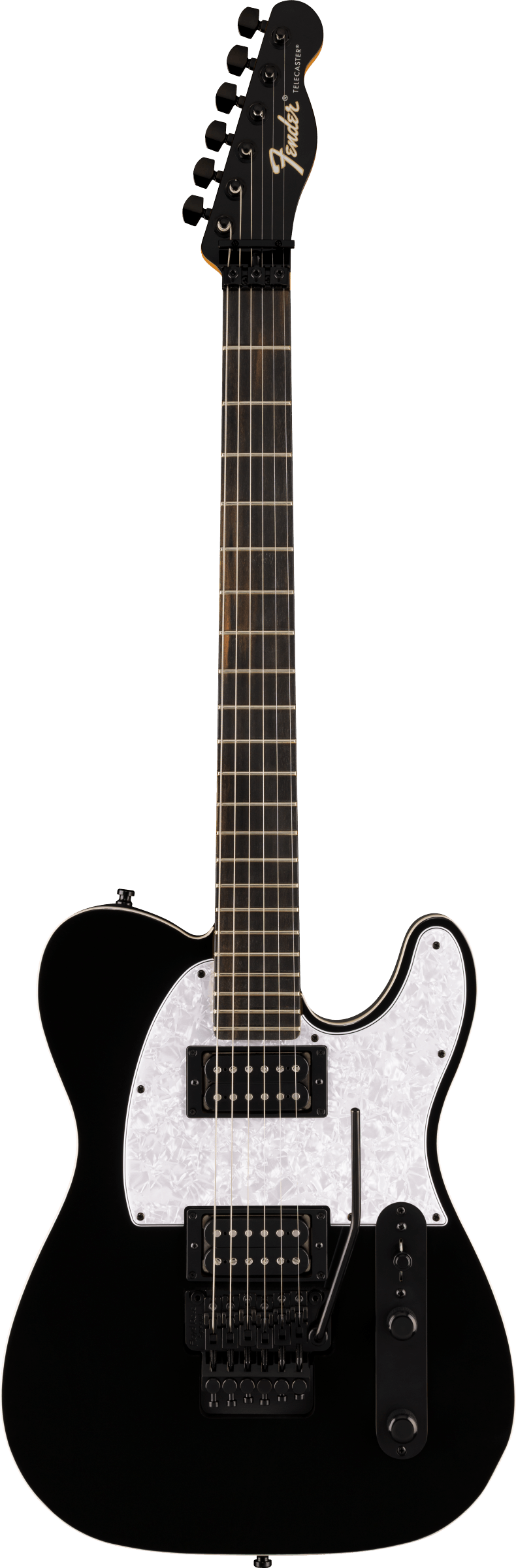Guitare électrique noire à six cordes, deux micros doubles noirs, plaque blanche nacrée, vibrato Floyd Rose, boutons noirs, tête noire inclinée.
