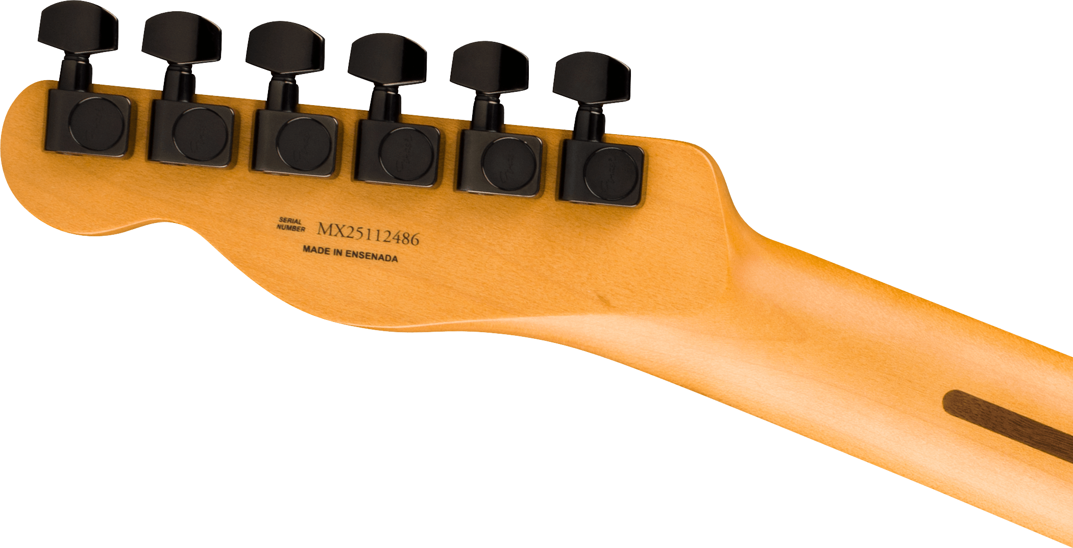 L’arrière d’une tête de guitare électrique montre six mécaniques noires alignées et un numéro de série imprimé sur le bois clair.