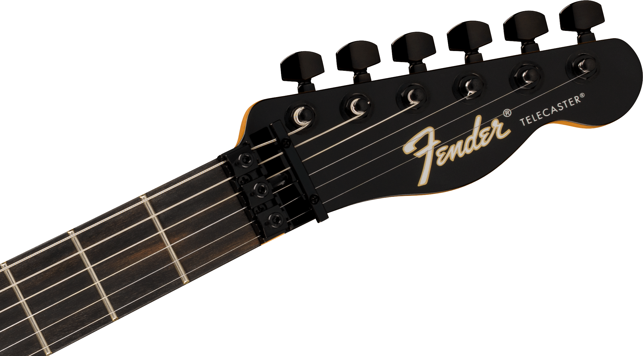 Tête noire d’une guitare électrique Fender Telecaster avec six mécaniques noires, logo doré et touche en bois sombre à frettes métalliques.