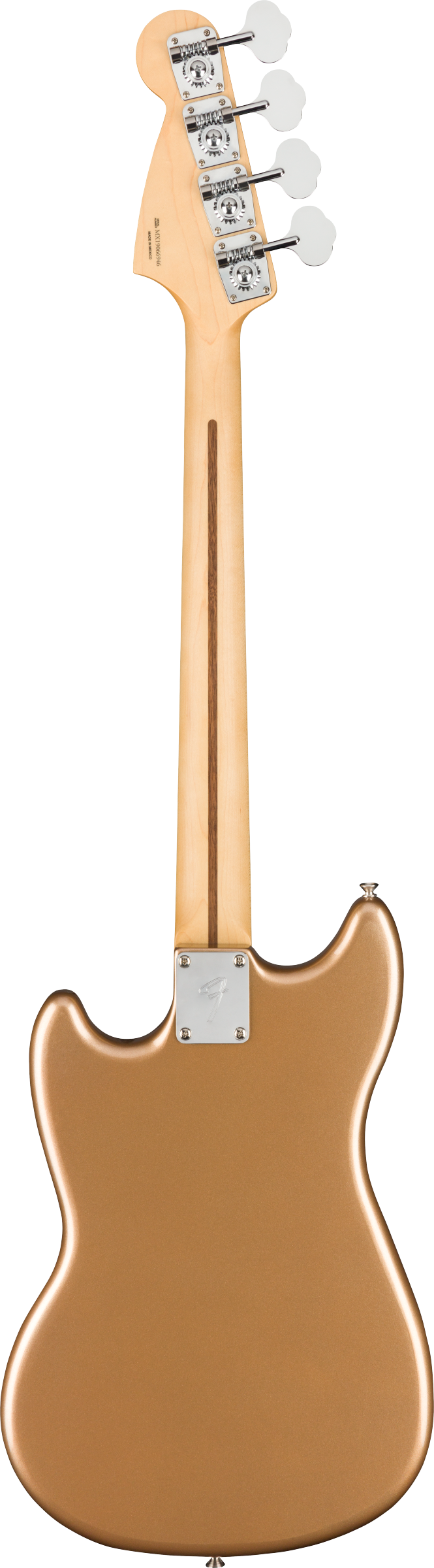 Gold bass guitar shown from the back, revealing a maple neck with a skunk stripe and four open-gear tuners on the headstock.