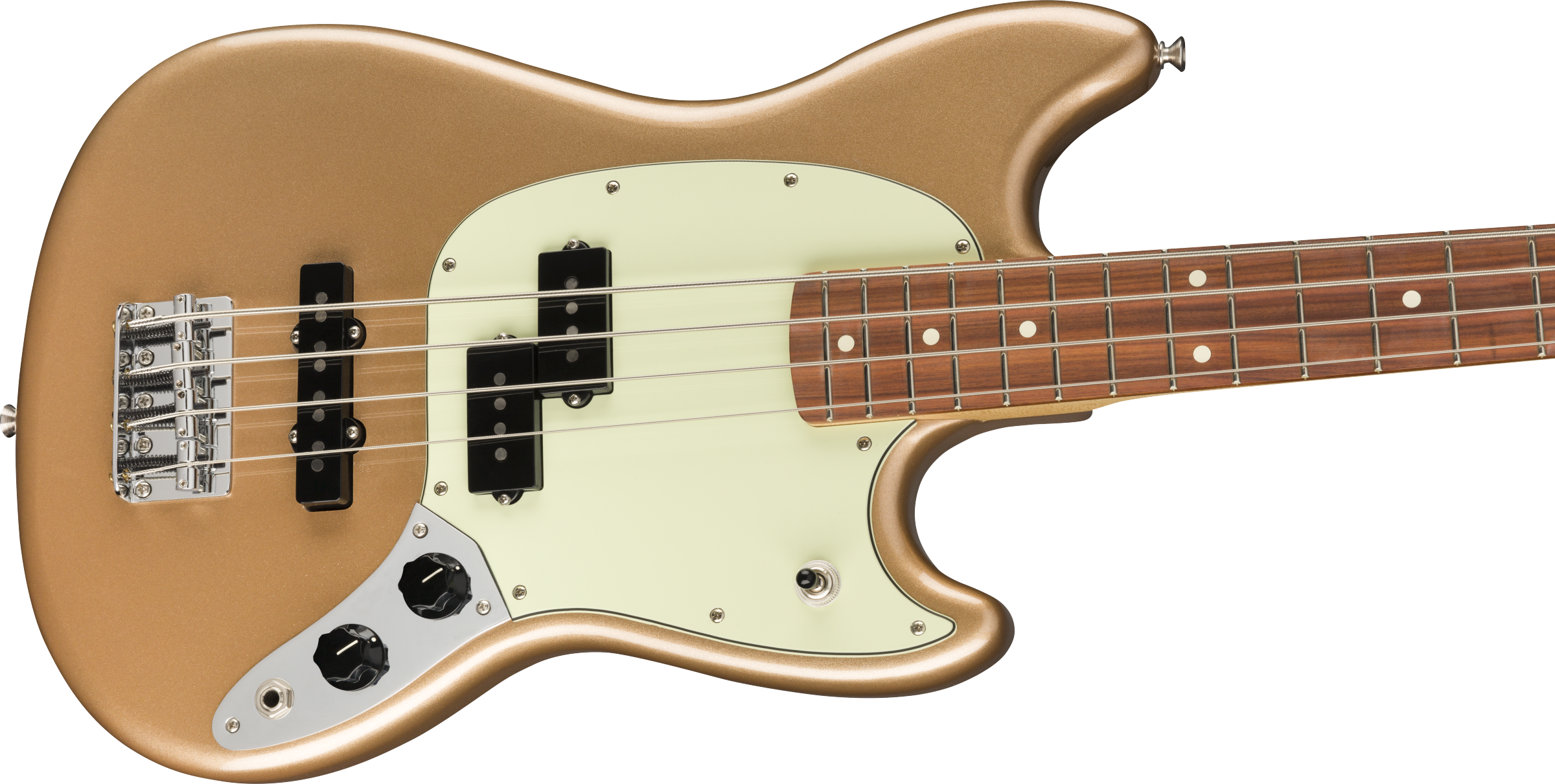Gold electric bass guitar with four strings, white pickguard, two black pickups, two control knobs, and a brown fretboard with dot inlays.