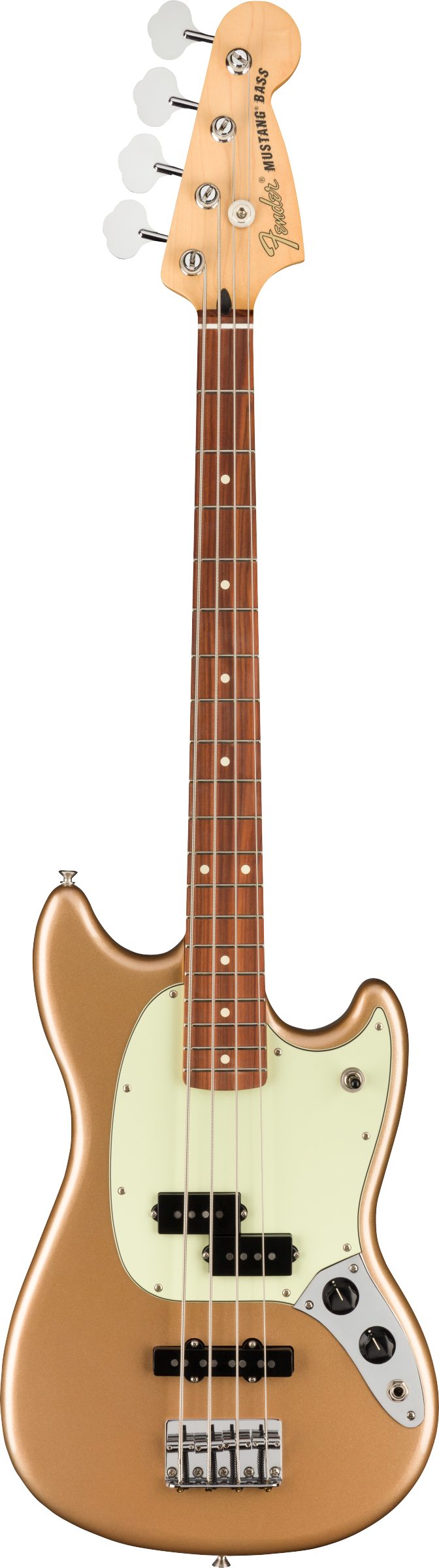 Fender Mustang Bass Guitar with a gold body, white pickguard, four strings, and control knobs on the lower right of the body.