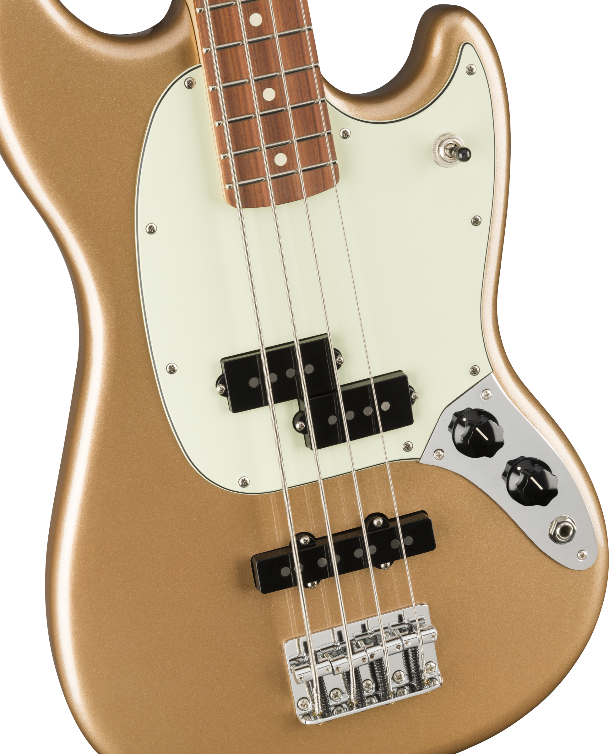 Metallic gold electric bass guitar with a white pickguard, two black pickups, chrome bridge, and two black control knobs. Four-string design.