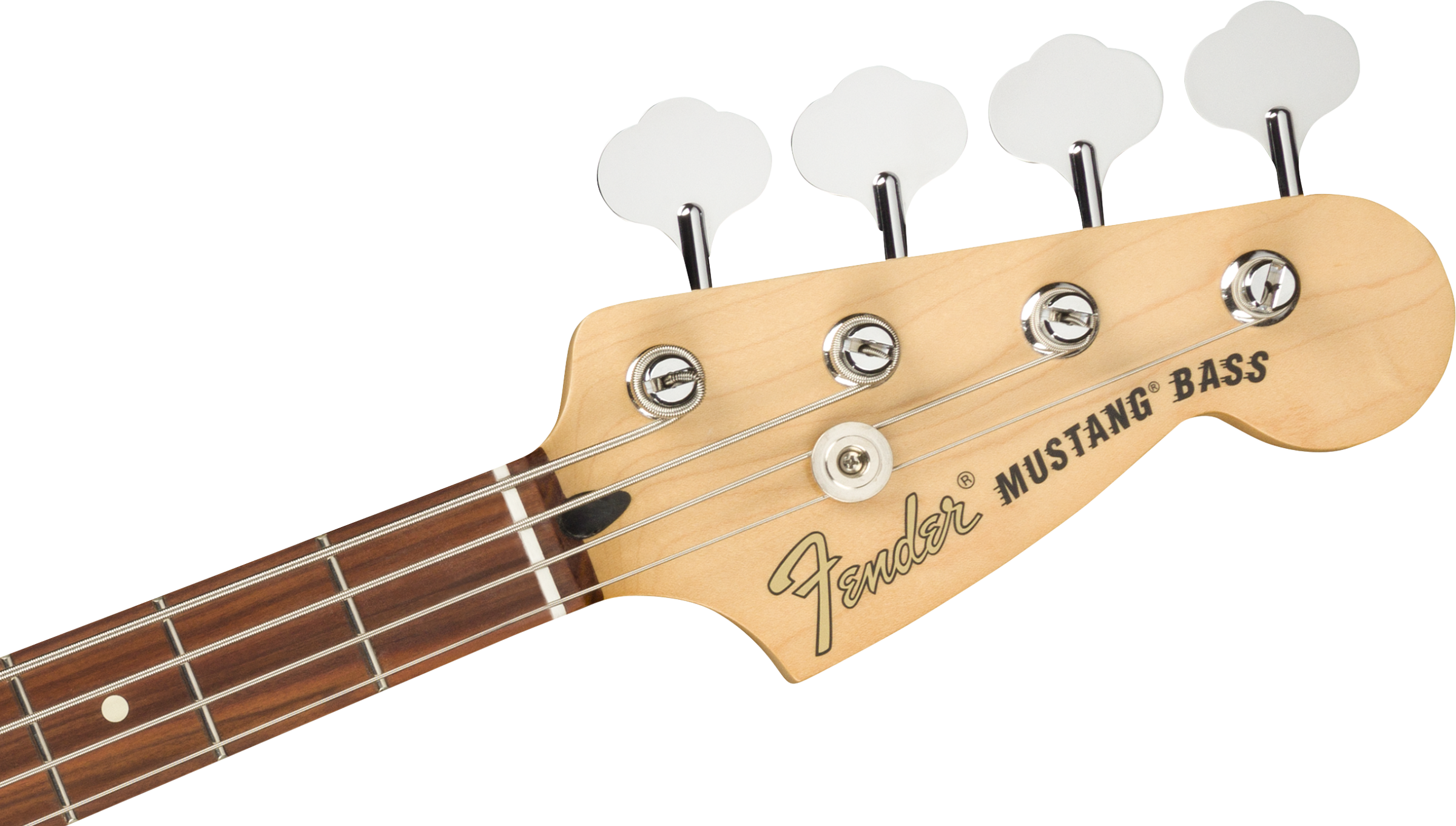 Fender Mustang Bass headstock with four tuning pegs, maple finish, and part of the rosewood fingerboard visible.