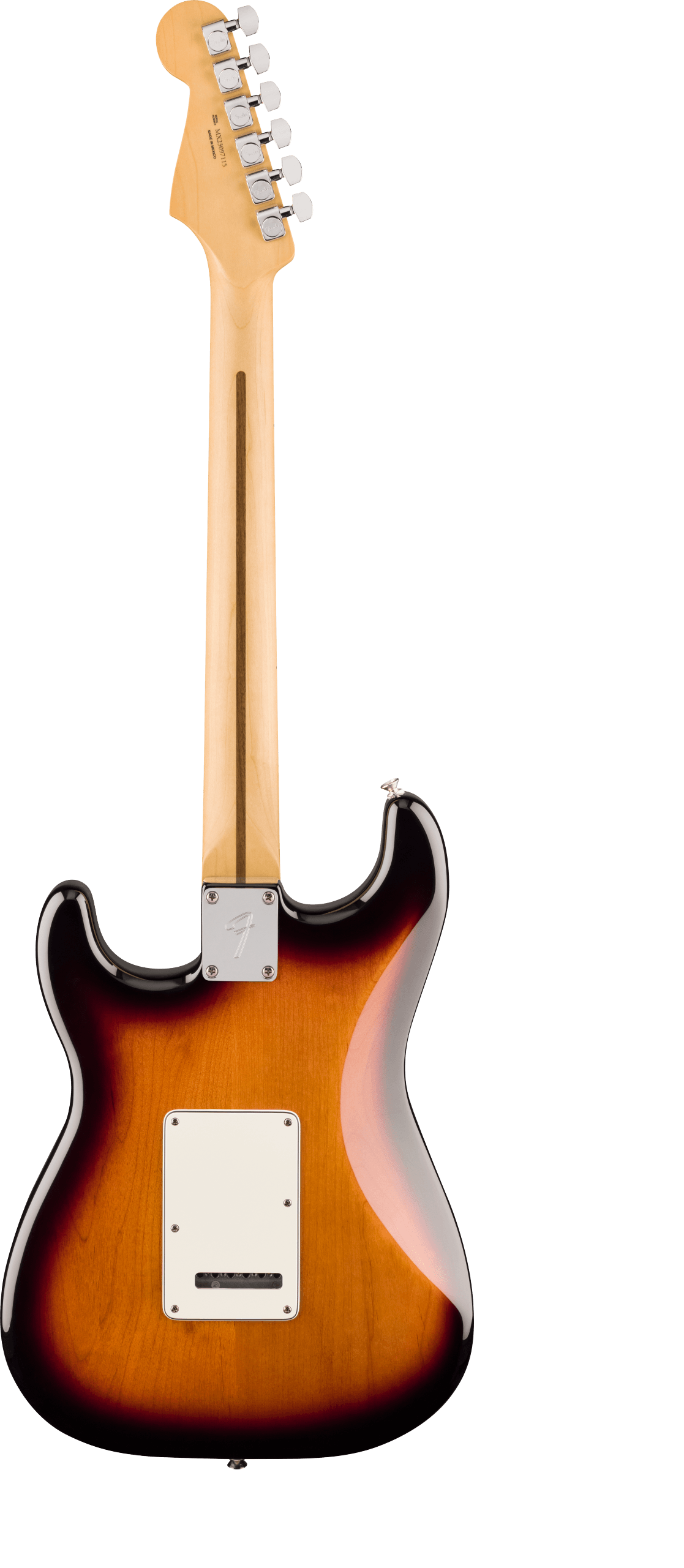 Sunburst electric guitar shown from the back, with a light wood neck and six tuning pegs; white plate covers the tremolo cavity on the body.