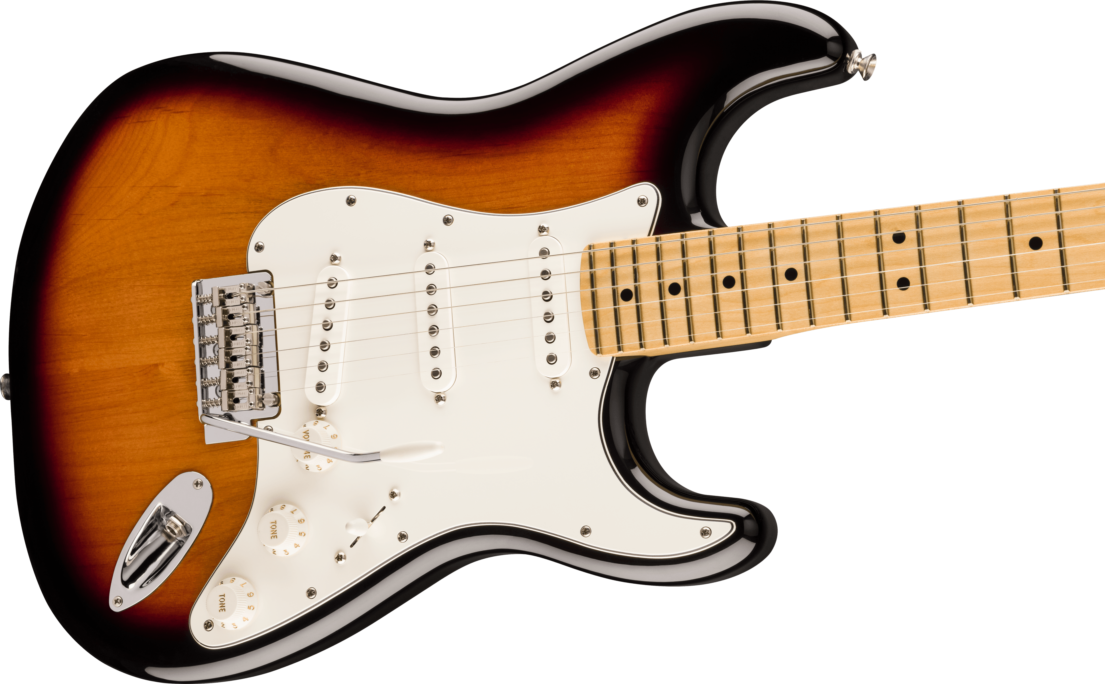 Sunburst electric guitar with a white pickguard, three single-coil pickups, maple neck, and control knobs for volume and tone.