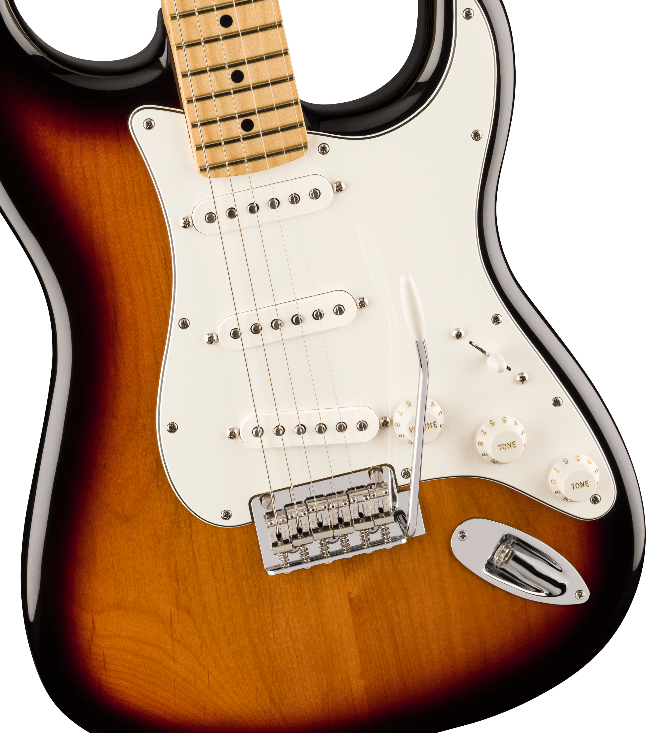 Sunburst electric guitar with a white pickguard, three single-coil pickups, chrome bridge, white control knobs, and a maple fretboard.